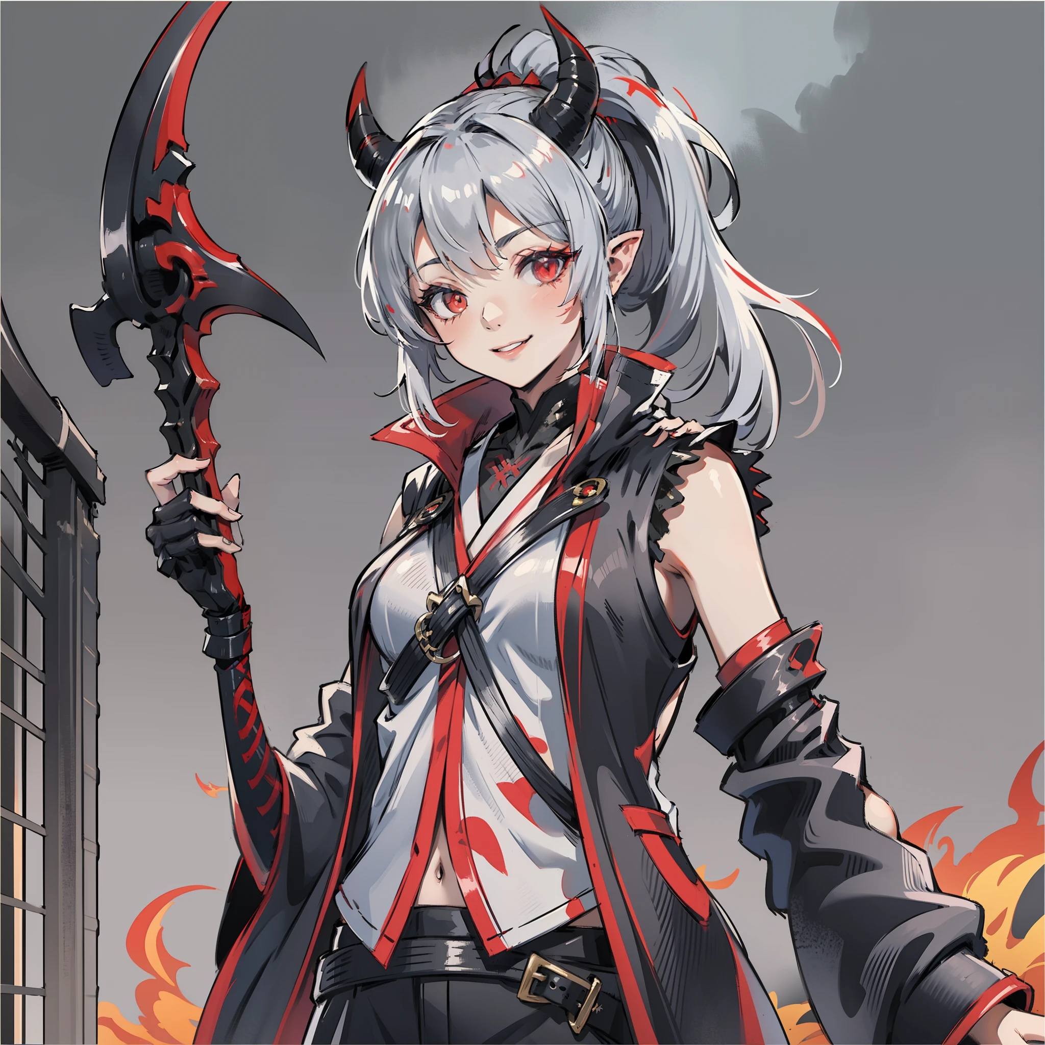 (masterpiece, best quality:1.2), (1girl, solo), 16years old, upper body, sleeveless kimono, (gray hair, ponytail), (black demon horns, red eyes), smile, normal ears, (Grim Reaper's Scythe, blade, SWAV, Game Icon)