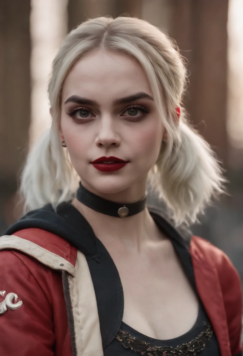 1girl, masterpiece, best quality, 8k, detailed skin texture, detailed cloth texture, beautiful detailed face, intricate details, ultra detailed, Harley Quinn, (carrying a baseball bat:1.1), upper body