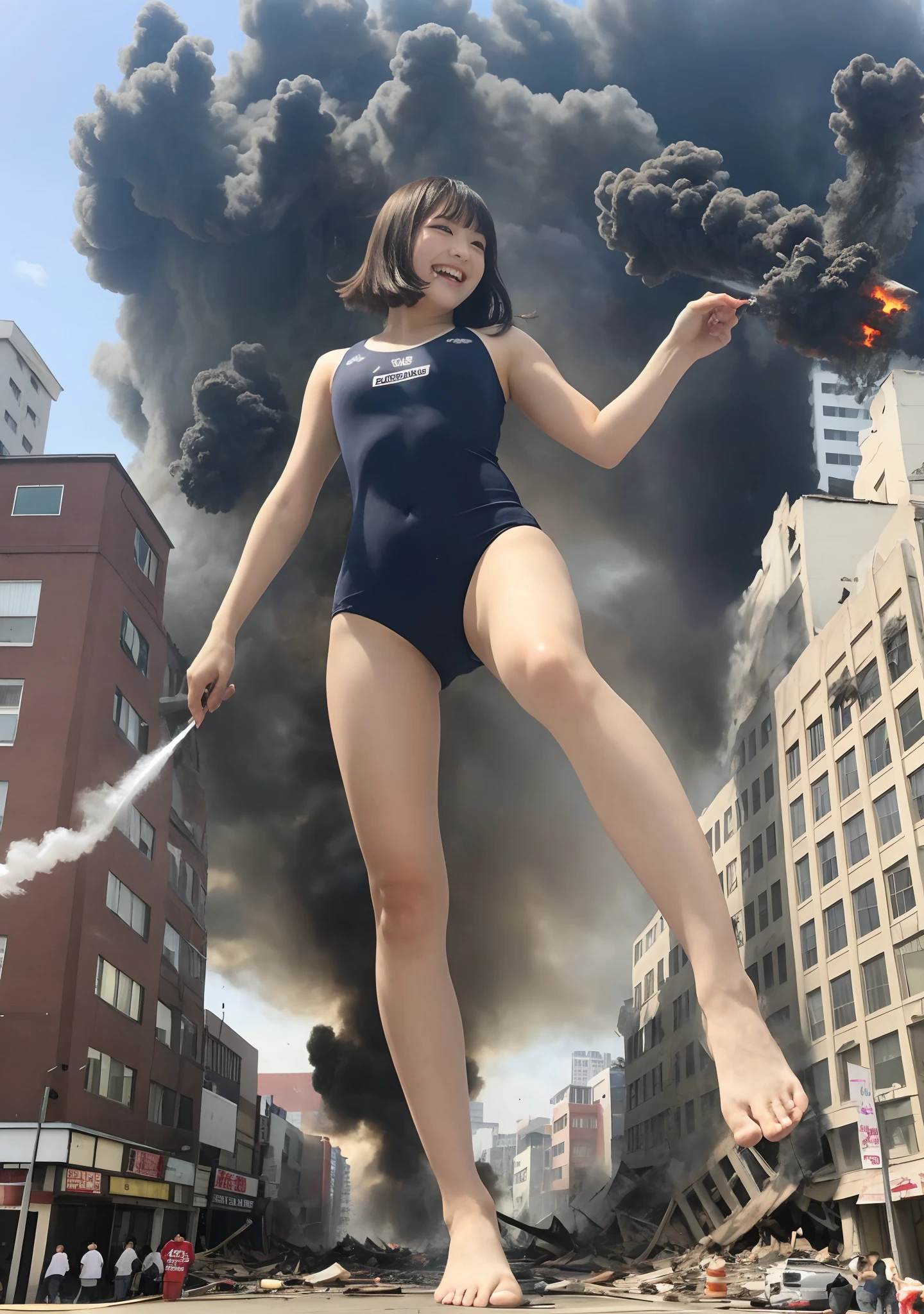 masterpiece, highly detailed, high resolution, 1girl, gtscity, tokyo, stomping on buildings, destroying buildings, collapsed buildings, destroyed city, buildings on fire, buildings exploding, smoke coming out of buildings, smiling, looking happy, small city, little people, photorealistic, cute Japan girls, medium breasts, school swimsuit, barefoot, toes, Dynamic angle, from below