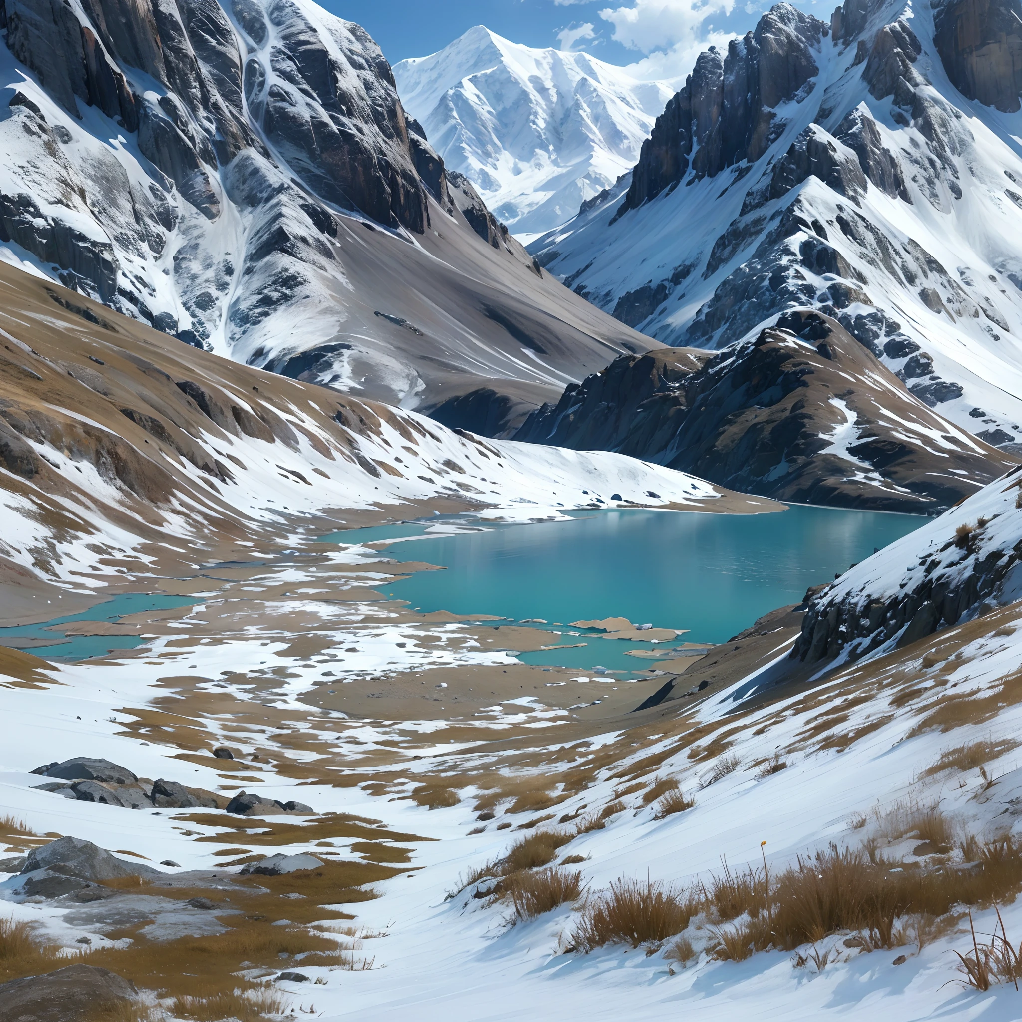 snow mountains，blue-sky，（Ultra-realistic scene 1.3）（Extreme Light and Shadow 1.3）（Aurora Tracking 1.3）Super real，cinematic Film still from，alps，（It covers a vast and tender green savannah1.3），（The proportion of mountains and grasslands is about 1:3）There are people traveling in the distance，The warm sun shines directly on the snow-capped mountains，（Super textured，）Super shadows，Super reflected light，Super real water。