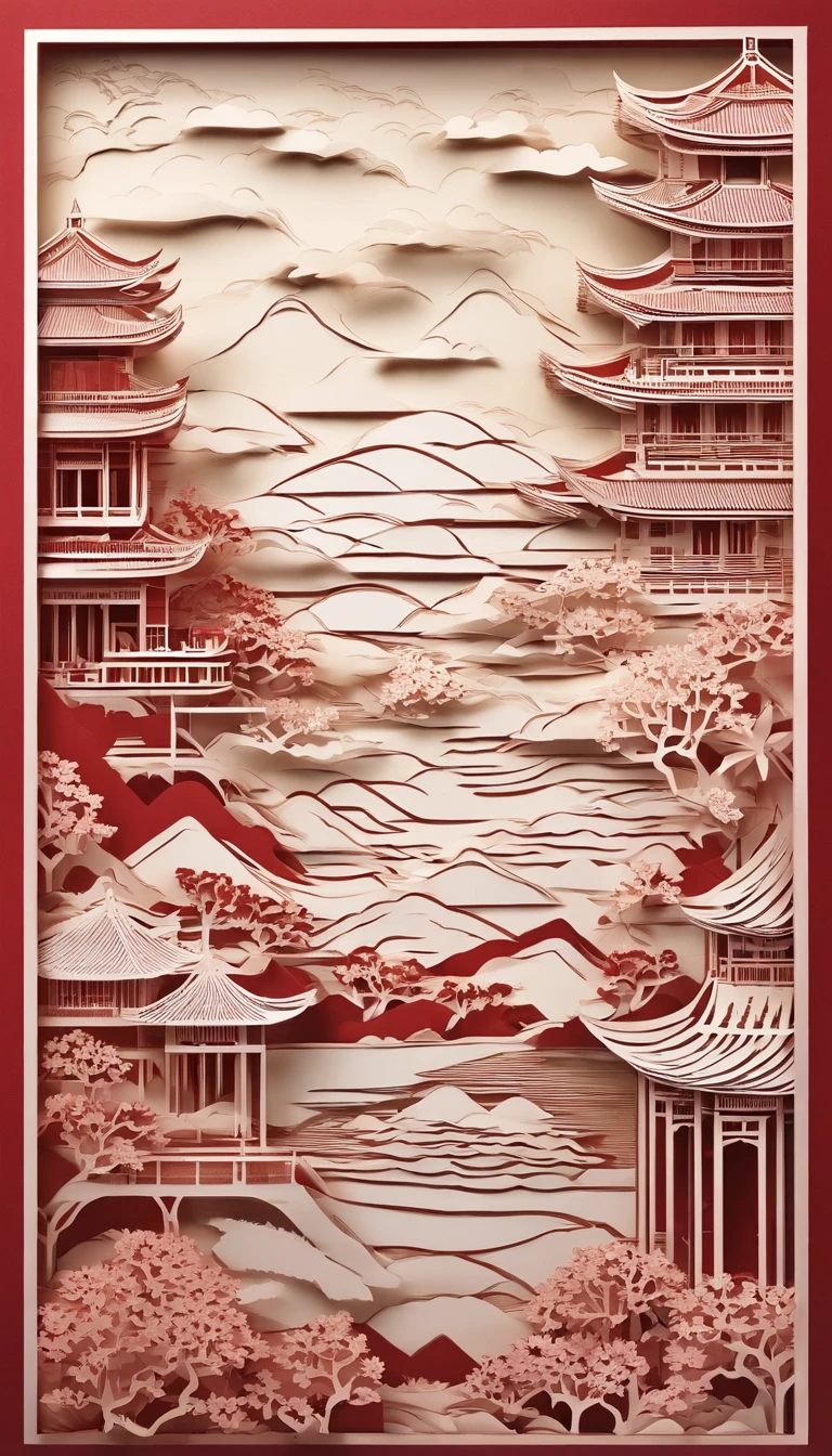 paper cut out,Chinese architecture,gardens,mountain water,Sea of Clouds