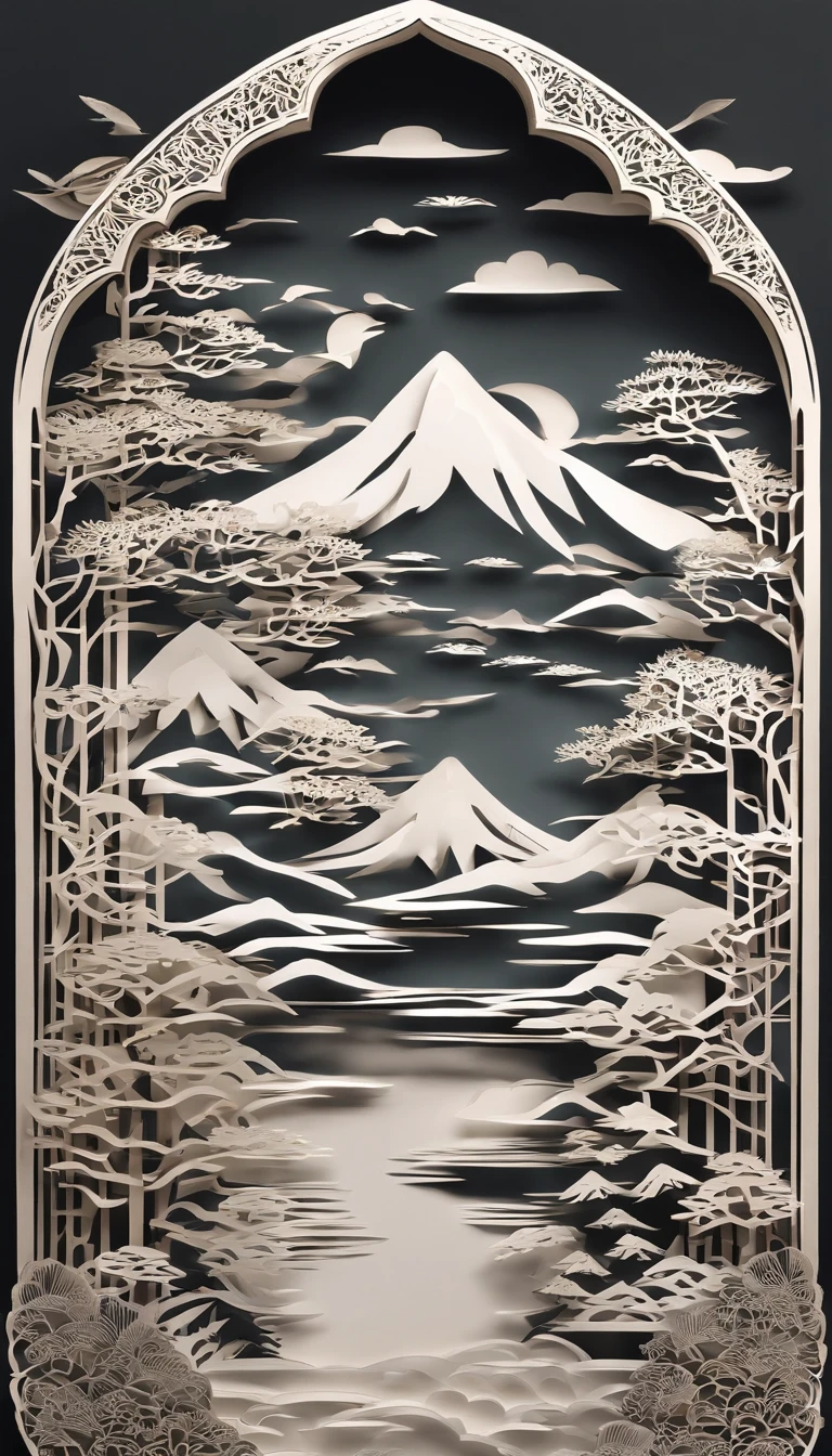 paper cut out,Chinese architecture,gardens,mountain water,Sea of Clouds