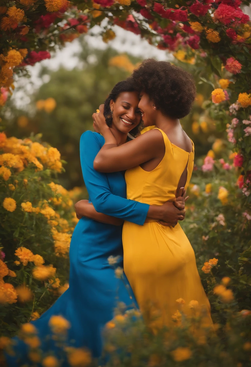 Crie uma cena de amizade verdadeira, portraying two friends embraced with joy and enthusiasm. Focus on conveying energy and happiness through facial expressions and the tightness of the hug