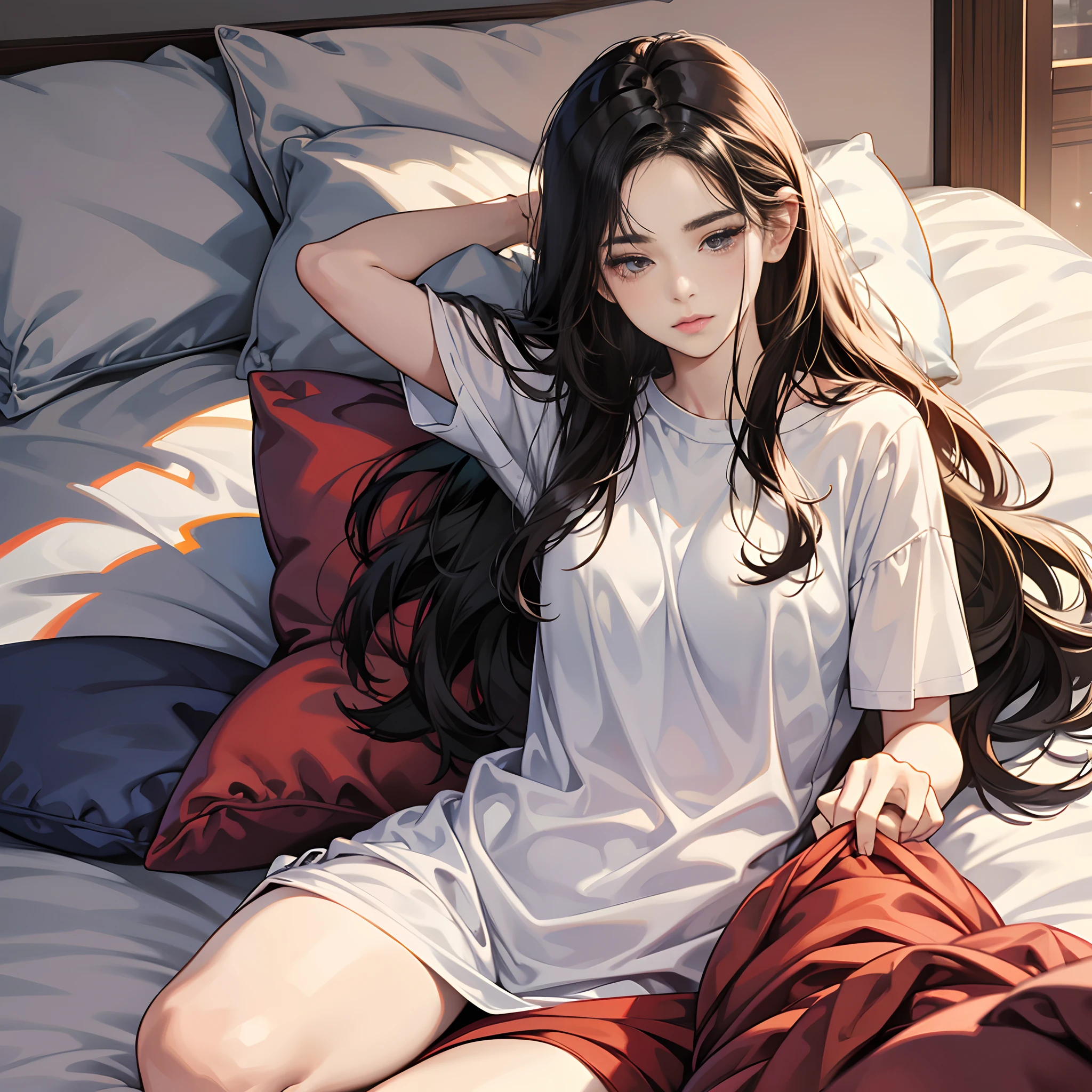 (Best Quality,4K,High resolution), 18yo woman, Red highlights on black hair, Long hair, Straight hair, Cool Woman, Cold eyes,Sleepy face , Comical look，Delicately drawn illustrations down to the smallest detail, Realistic portrayal,, Own bedroom，in a house，oversize tshirt,letter T-shirt，Weakness System，Big stuffed animal，sleep，Cute room,on the beds , sleepy,Let's sleep