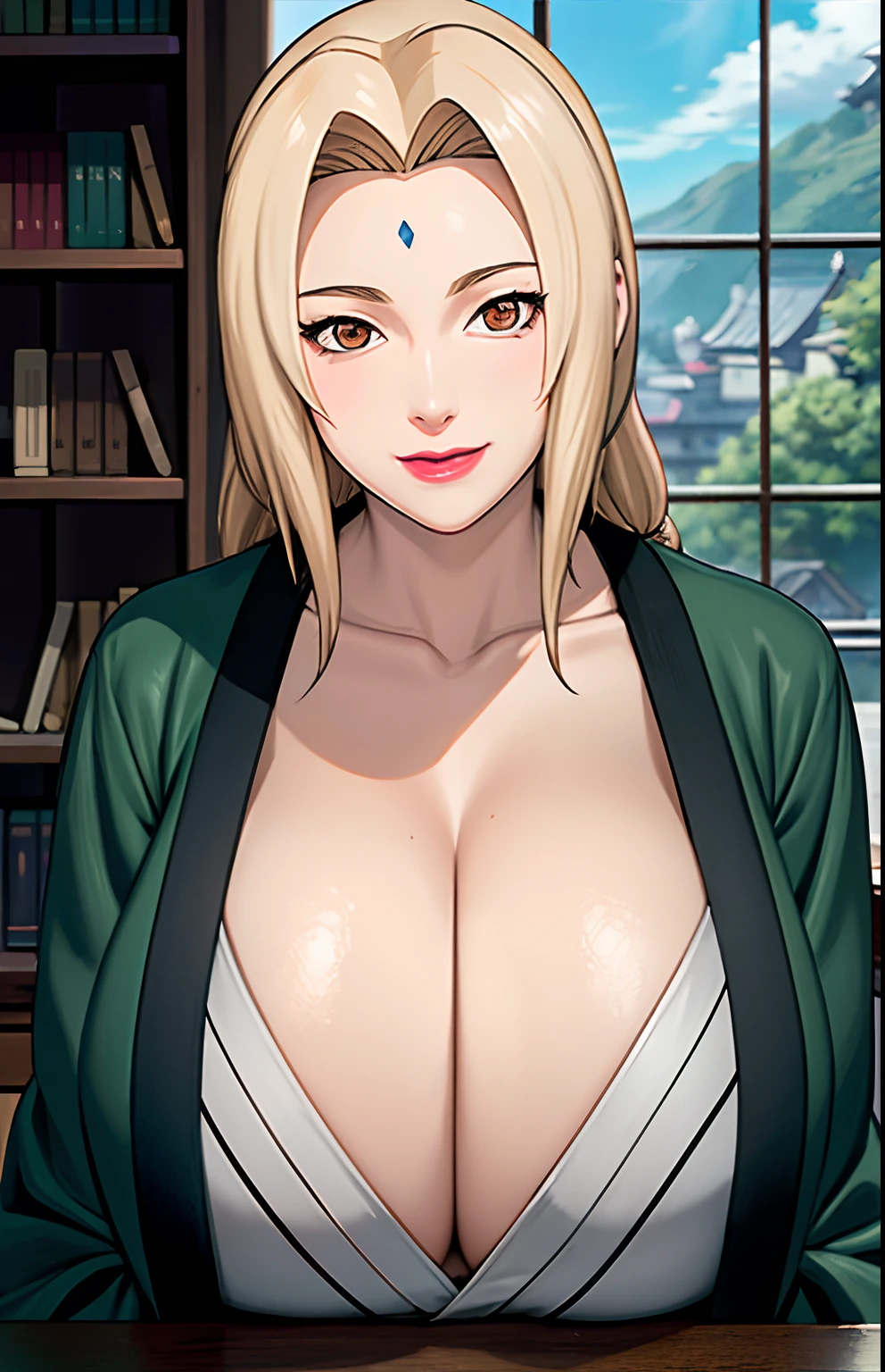 (huge tits), cleavage, good anatomy, masterpiece, best quality, 4k, 8k, professional photography, soft light, sharp focus, 1 girl,  blonde hair, kimono, (mountai), clouds, blonde hair, parted banks, detailed face+brown eyes, smile, closed lips, lipstick, bookshelves, windows,