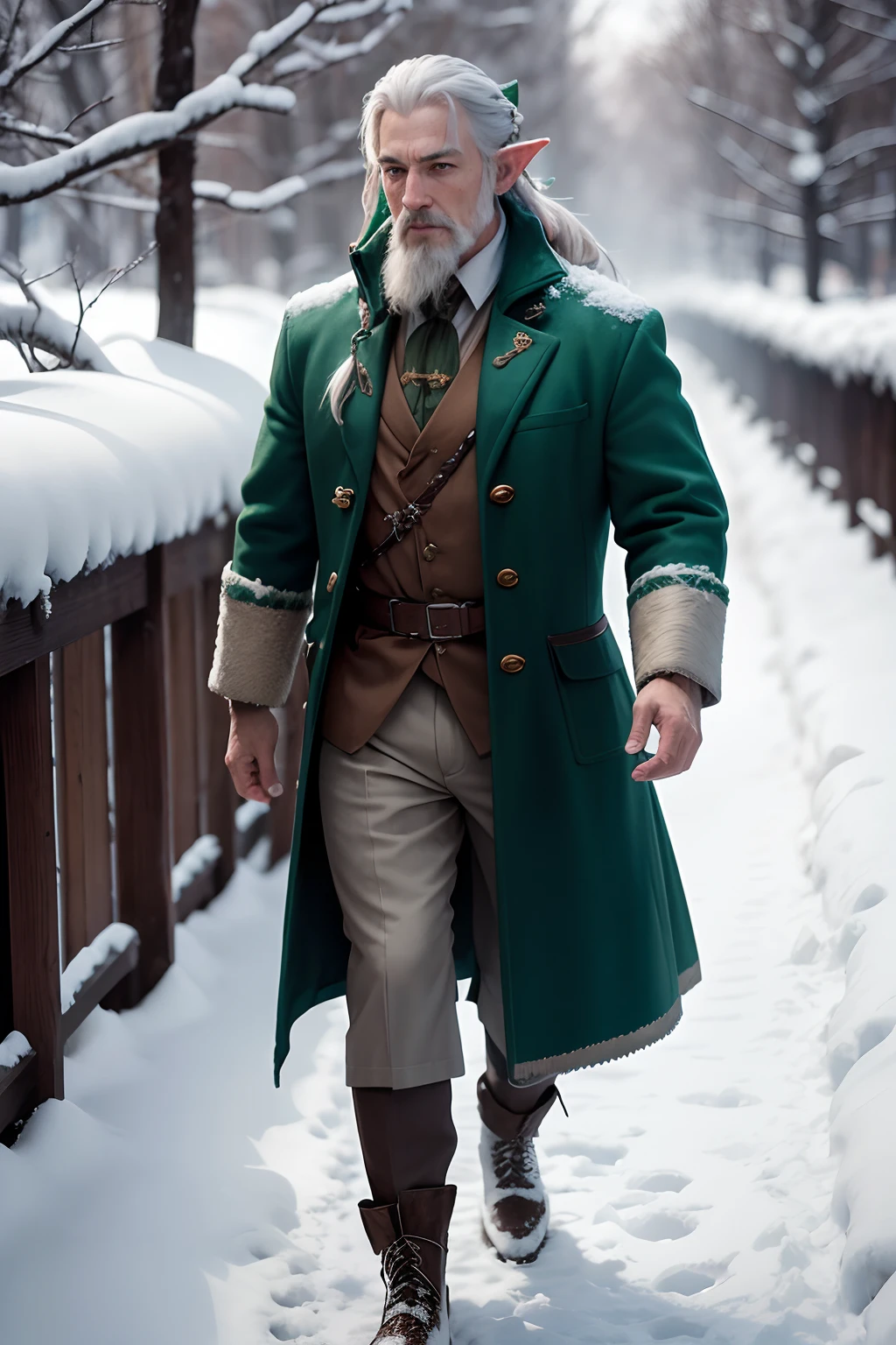 A charismatic middle-aged half-elf bard walking in a grove in the snow with silver hair and goatee, ele usa um casaco na cor verde musgo, ele tem uma espada na cintura e uma cicatriz no rosto