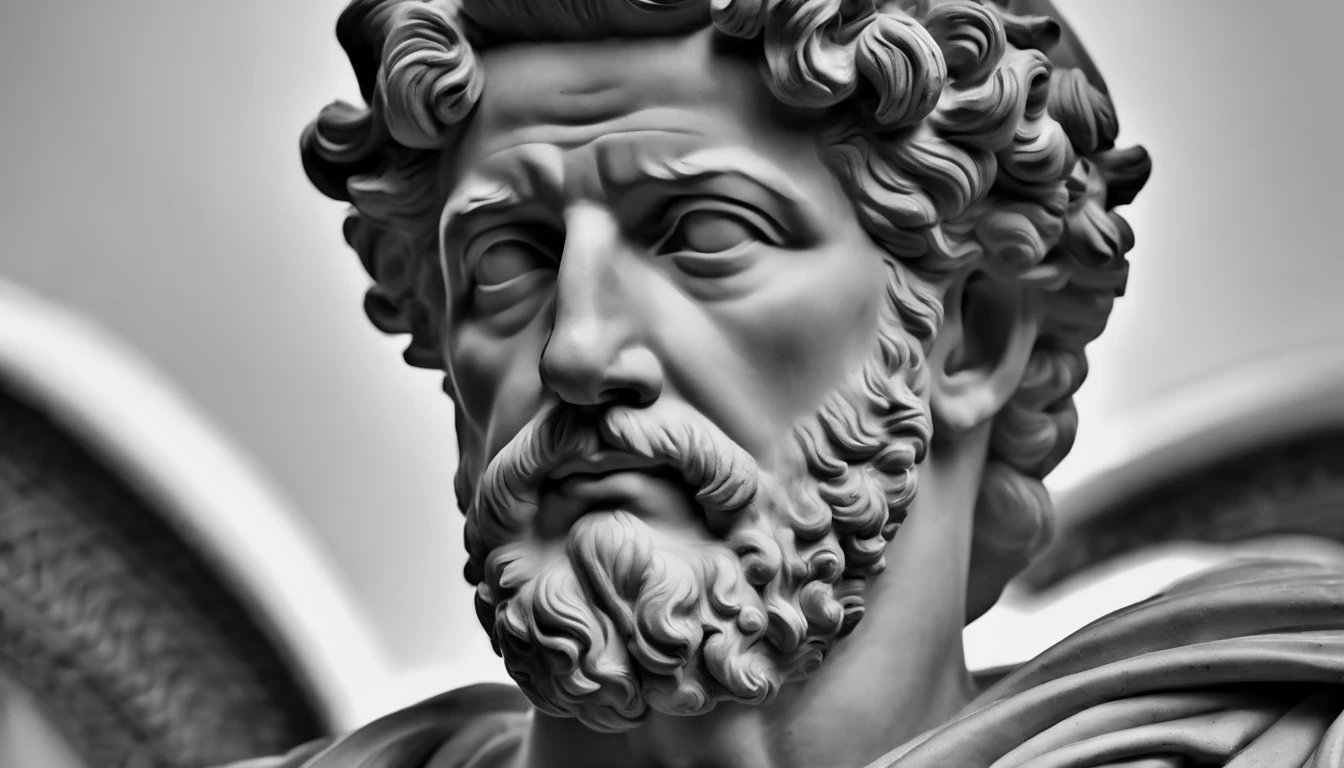 a statue of the stoic Marcus Aurelius in black and white 4K,Face de lado, corpo forte, strong upper arms,  papel de parede super realista, corpo da cintura para cima