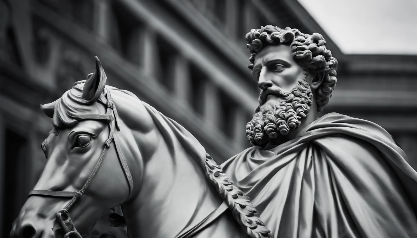 a statue of the stoic Marcus Aurelius in black and white 4K,Face de lado, corpo forte, strong upper arms,  papel de parede super realista, corpo da cintura para cima