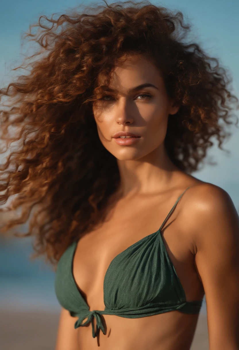 Belle rousse, curly hair, complet - corps, Tout de suite, Tout de suite, Tout de suite, Marcher sur la plage , bikini, de face, petits seins