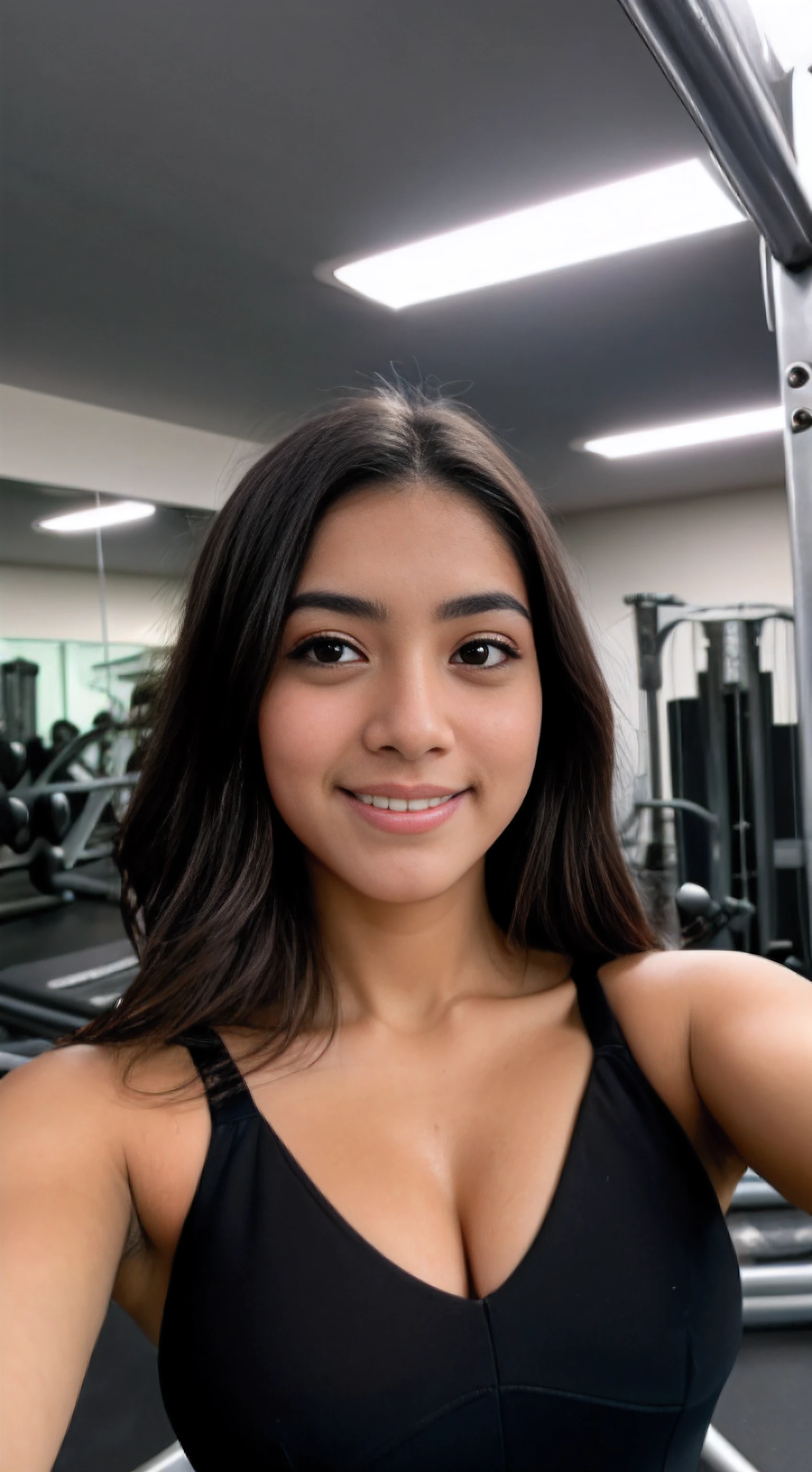 Foto RAW em sequencia, uma foto de uma adolescente anos, ((selfie da parte superior do corpo, feliz)), mordendo dedo, rosto detalhado, planos de fundo detalhados pouco desfocados, luzes naturais, HDR, foto realista, foto profissional, flerte com o espectador, visual sexy, fotorrealista, Linda, pele natural, 8k UHD, alta qualidade, filmic grain, Fujifilm XT3, ladies gym, black dress, selfie,