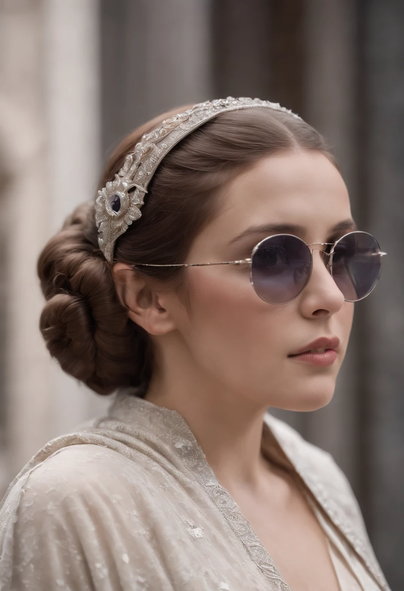 1girl, masterpiece, best quality, 8k, detailed skin texture, detailed cloth texture, beautiful detailed face, intricate details, ultra detailed, Princess Leia, (clear sunglasses on her head:1.1), upper body