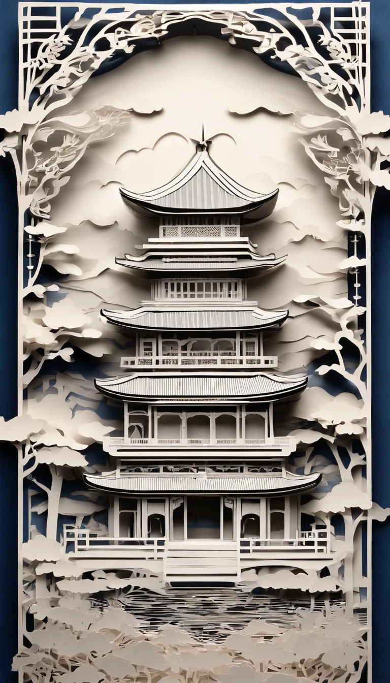 paper cut out，Chinese architecture，gardens，mountain water，Sea of clouds