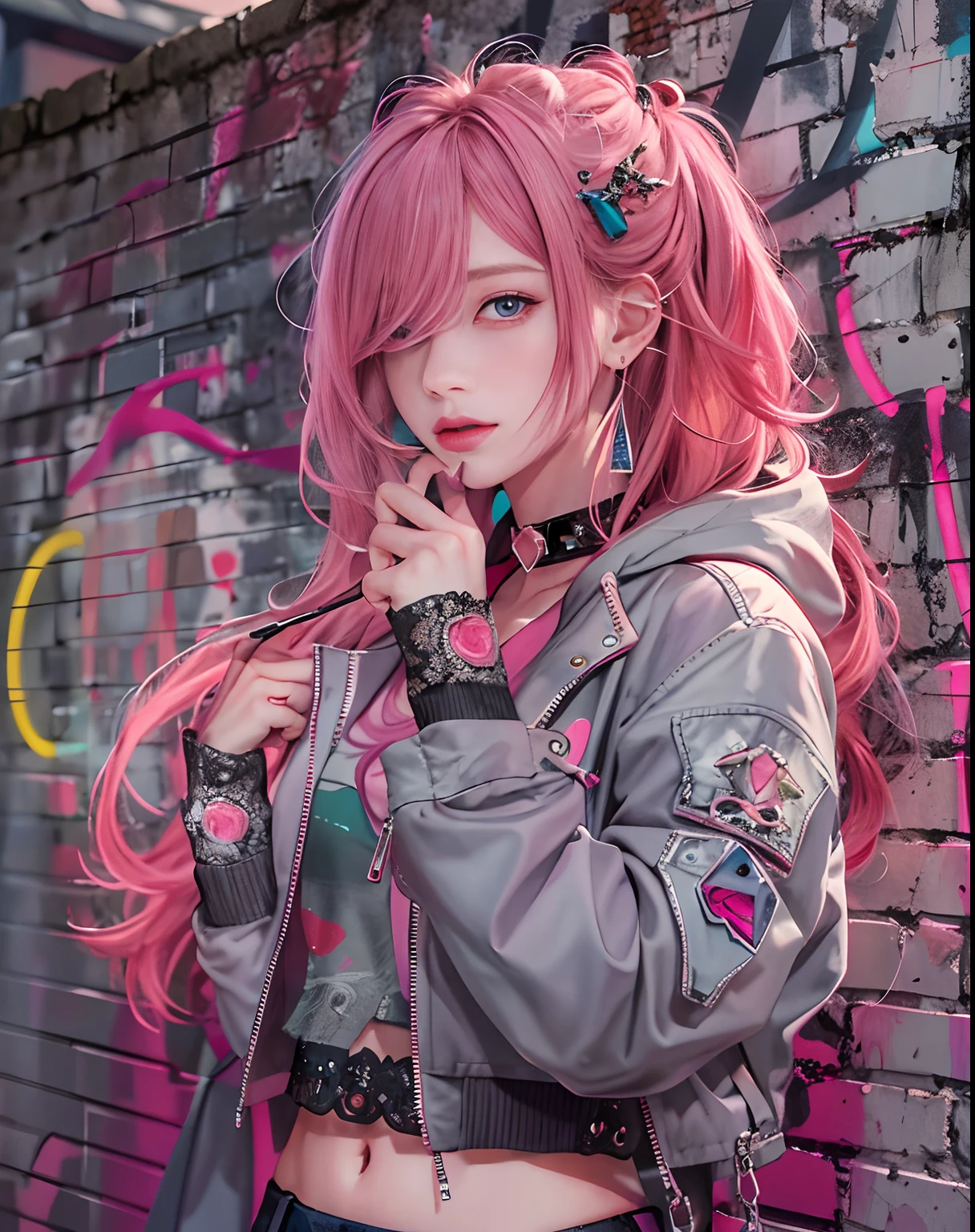 (masterpiece, best quality, 1girl, solo, intricate details, chromatic aberration), realistic, ((medium breath)),long hair, pink hair, red head ornament, pink highlights, hair over one eye,purple eyes, earrings, sharp eyes, choker, neon shirt, open jacket, crop top, (symmetry eyes),(perfect symmetrical body),against wall, brick wall, graffiti, dim lighting, alley ,look at viewer