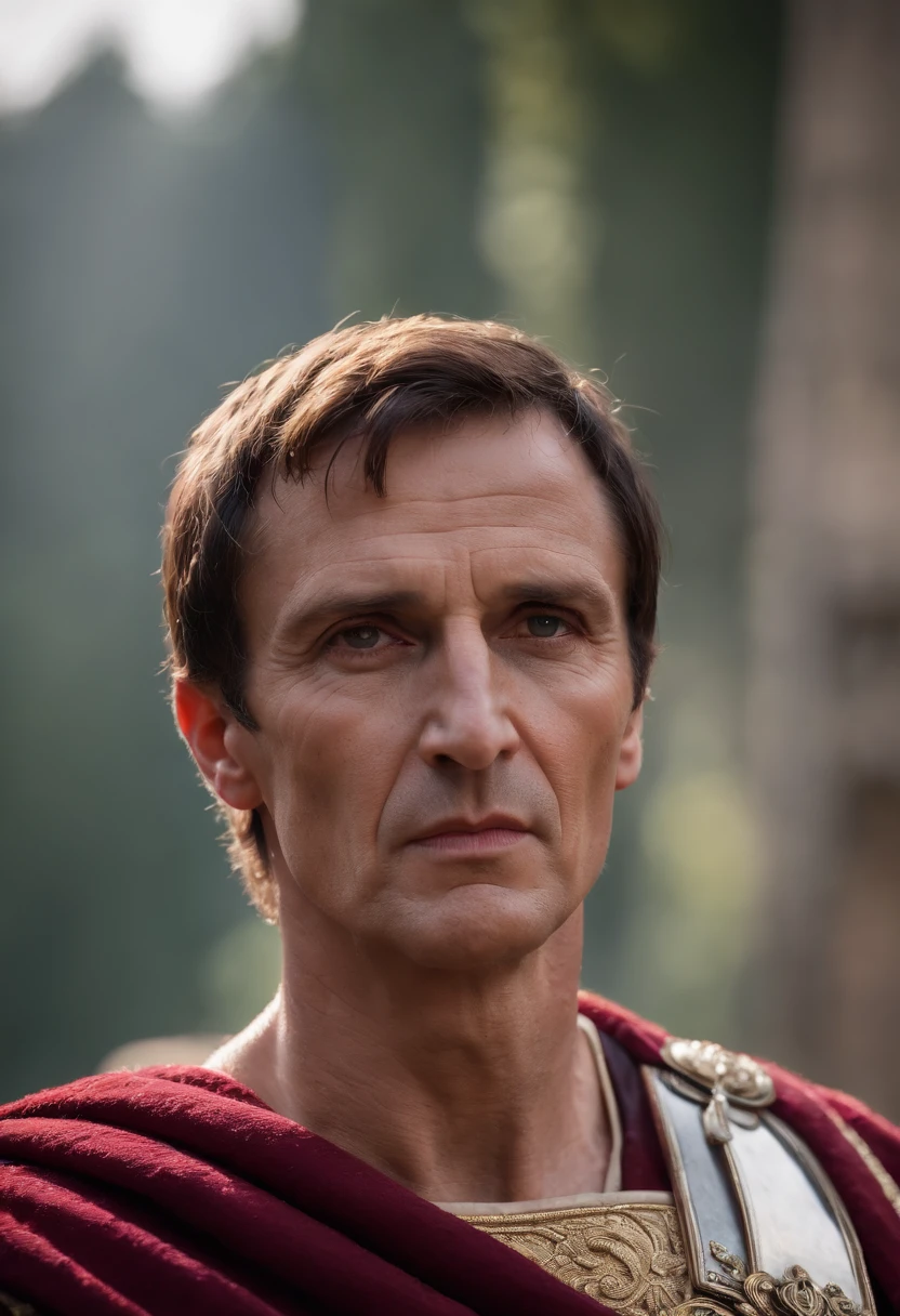 a dramatic image of Julius Caesar, ancient Roman era, with a stern expression, wearing regal attire, and radiating an aura of authority, vivid colors (scar:1.4)