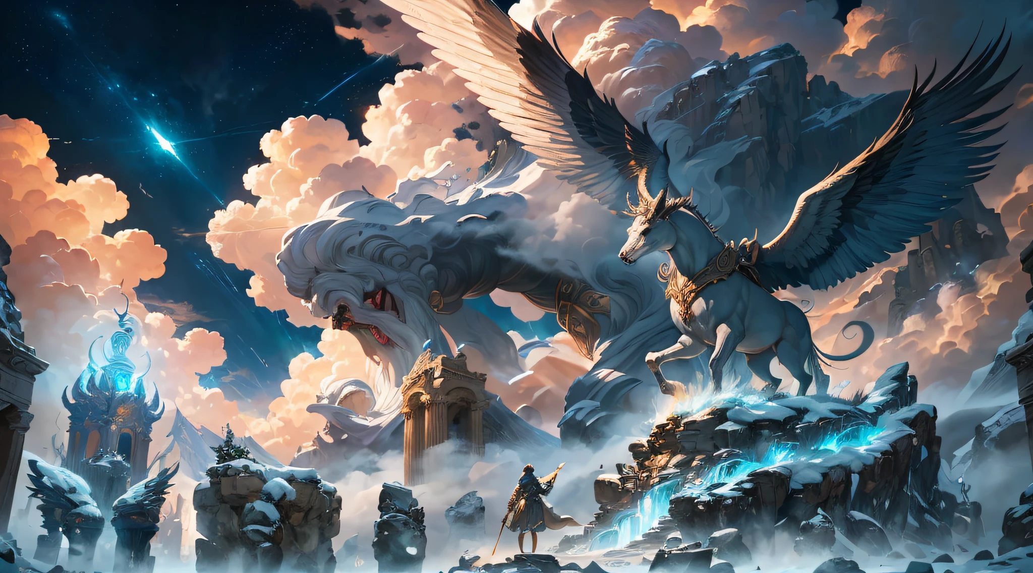 (Best quality:1.3),(Masterpiece:1.15),(illustration:1.23),(Ultra-detailed:1.26), (4k res), high resolution, (Best illumination, Cinematic), Mount Olympus shines in the clouds, The gods of Greek mythology and other mythical creatures came together,Engage in a grand epic showdown. Fantasy elements and dramatic flair abound, Lay the foundation for an unforgettable story.