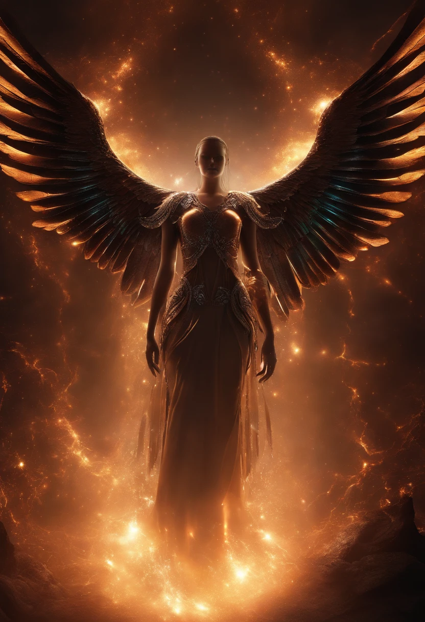 Cosmic Fallen Angel, glowing light eyes, Biomechanical, eerie, Creepy, nightmarish, Very bright colors, Light particles, with light glowing, Mshiff, wallpaper art, UHD wallpaper