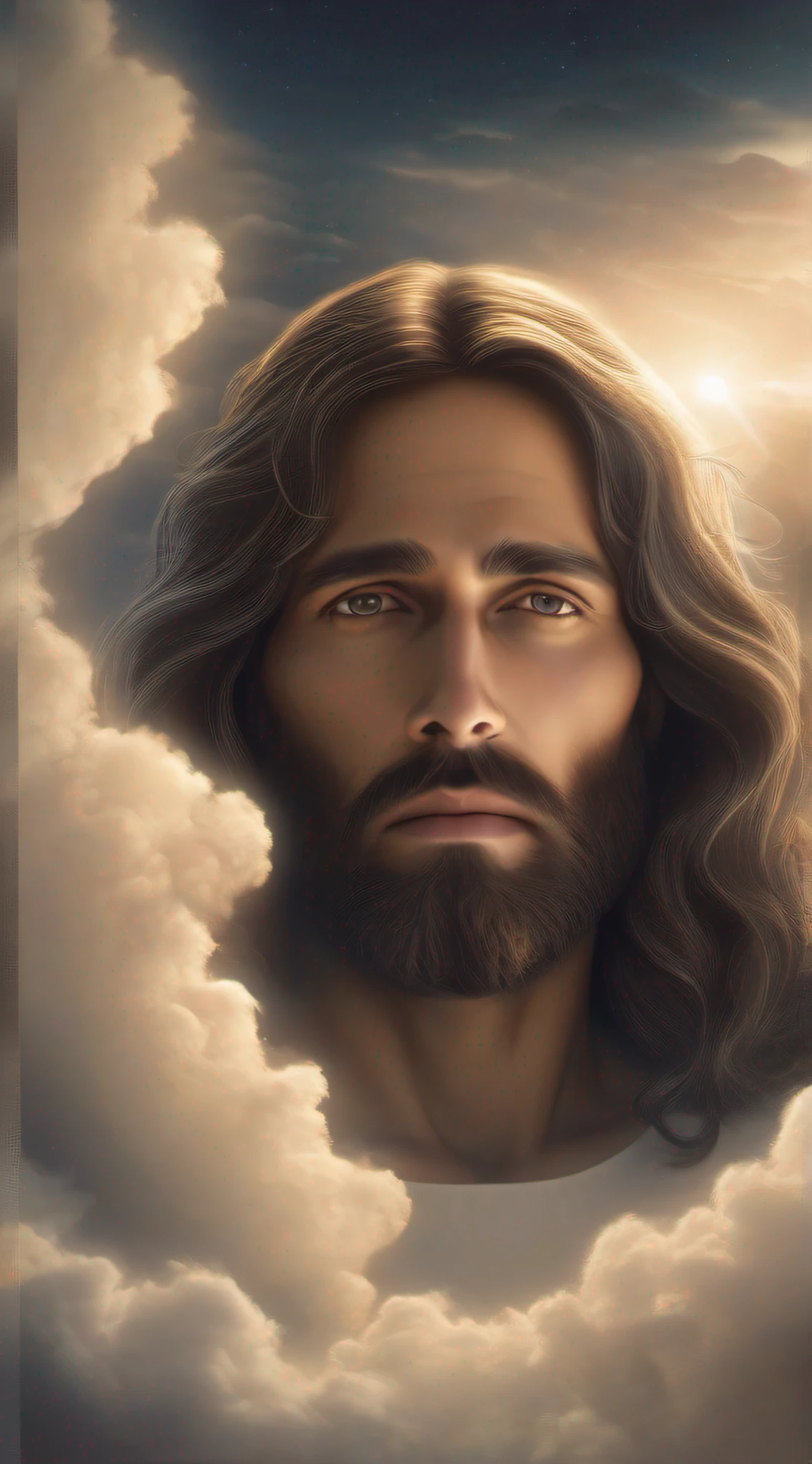 ((Realistic portrayal of JESUS CHRIST IN THE MIDST OF HEAVENLY CLOUDS)), corpo inteiro, aura sagrada, cinematiclight, retratado em 4K hiperdetalhado. A close-up of JESUS CHRIST, com amor, olhos compassivos, barba longa e cabelos castanhos cacheados. The warm light highlights the figure of an anxious man with a compassionate expression. The background features a dark, starry sky, retratado em 8K. The style is portrayed in a soft and cinematic way, com cores neutras e efeitos HDR. A arte busca alta qualidade, com detalhes intrincados, intricate backgrounds and an artistic mix of Greg Rutkowski and Artgerm influences.