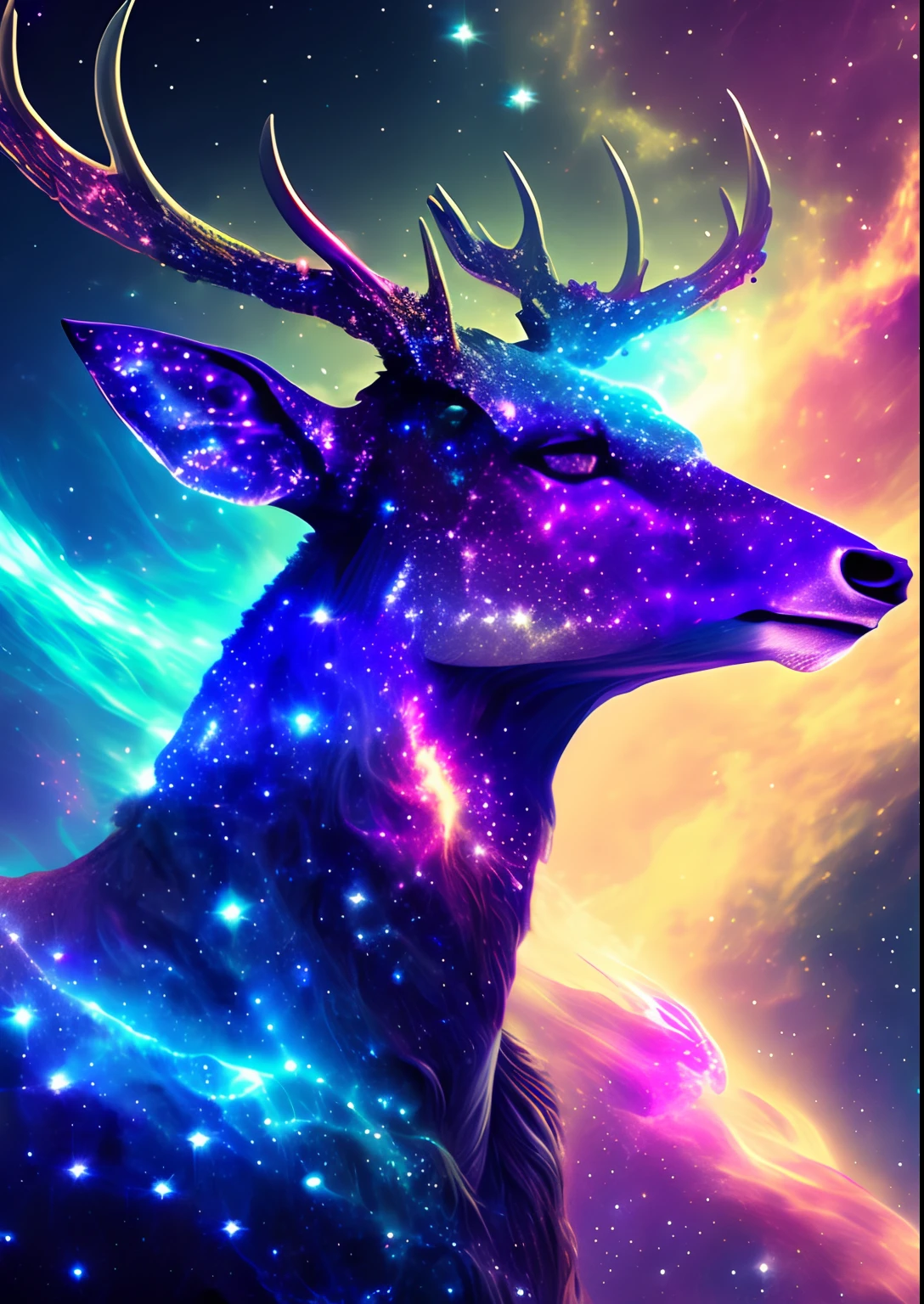 dreamlikeart, galaxy, outer space, nebula, star, [cyberpunked] Star deer from the stars. (star:1.5),