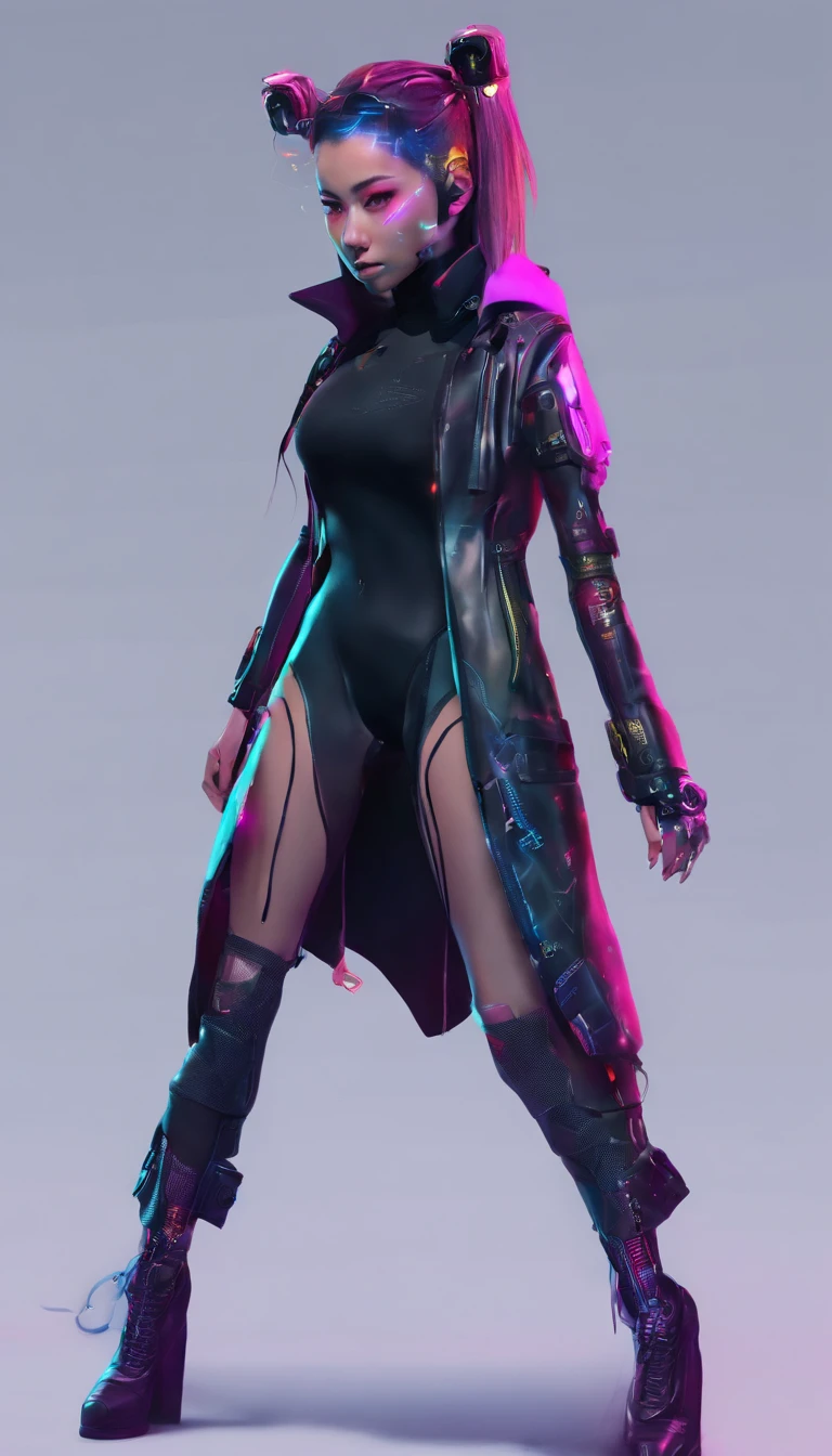 A tall, cool and handsome woman，With a cyberpunk mask，cyberpunk hair，with light glowing，Cyberpunk coat，Cyberpunk cape，Cyberpunk pants，Cyberpunk shoes，Full body cyberpunk set，Full body cyberpunk decorations，Cool handsome，Full body shot from head to toe，Exaggerated body proportions，Ultimate detail。