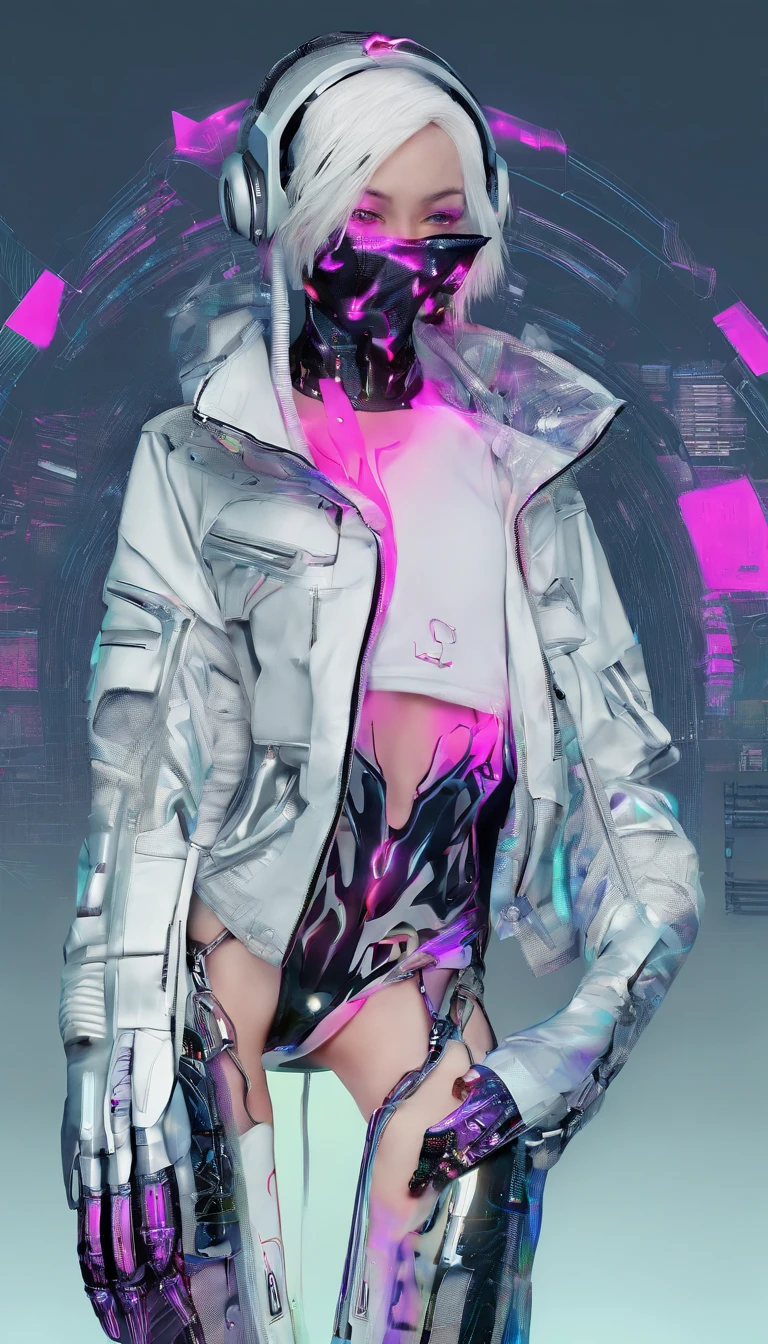 A tall, cool and handsome woman,With a cyberpunk mask,cyberpunk hair,with light glowing,Cyberpunk coat,Cyberpunk cape,Cyberpunk pants,Cyberpunk shoes,Full body cyberpunk set,Full body cyberpunk decorations,Cool handsome,Full body shot from head to toe,Exaggerated body proportions,Ultimate detail。