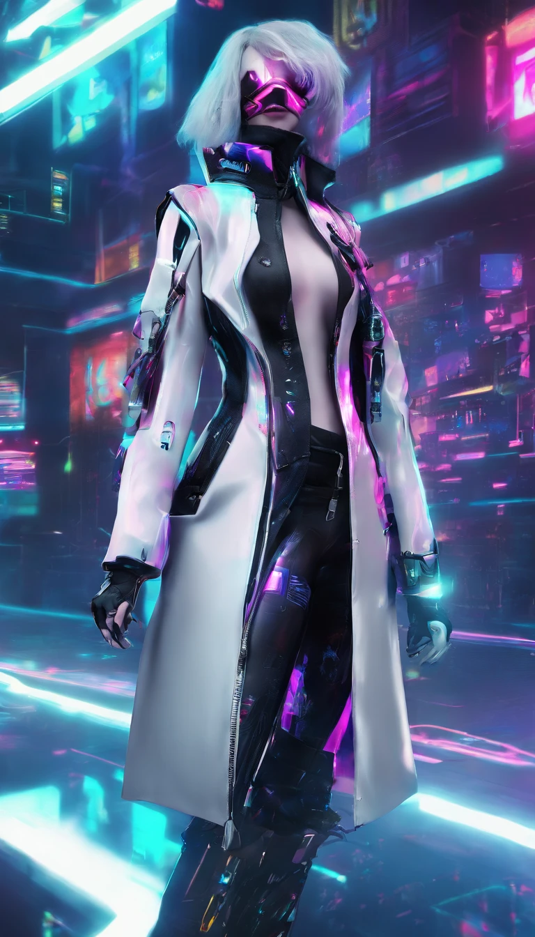 A tall, cool and handsome woman，With a cyberpunk mask，cyberpunk hair，with light glowing，Cyberpunk coat，Cyberpunk cape，Cyberpunk pants，Cyberpunk shoes，Full body cyberpunk set，Full body cyberpunk decorations，Cool handsome，Full body shot from head to toe，Exaggerated body proportions，Ultimate detail。