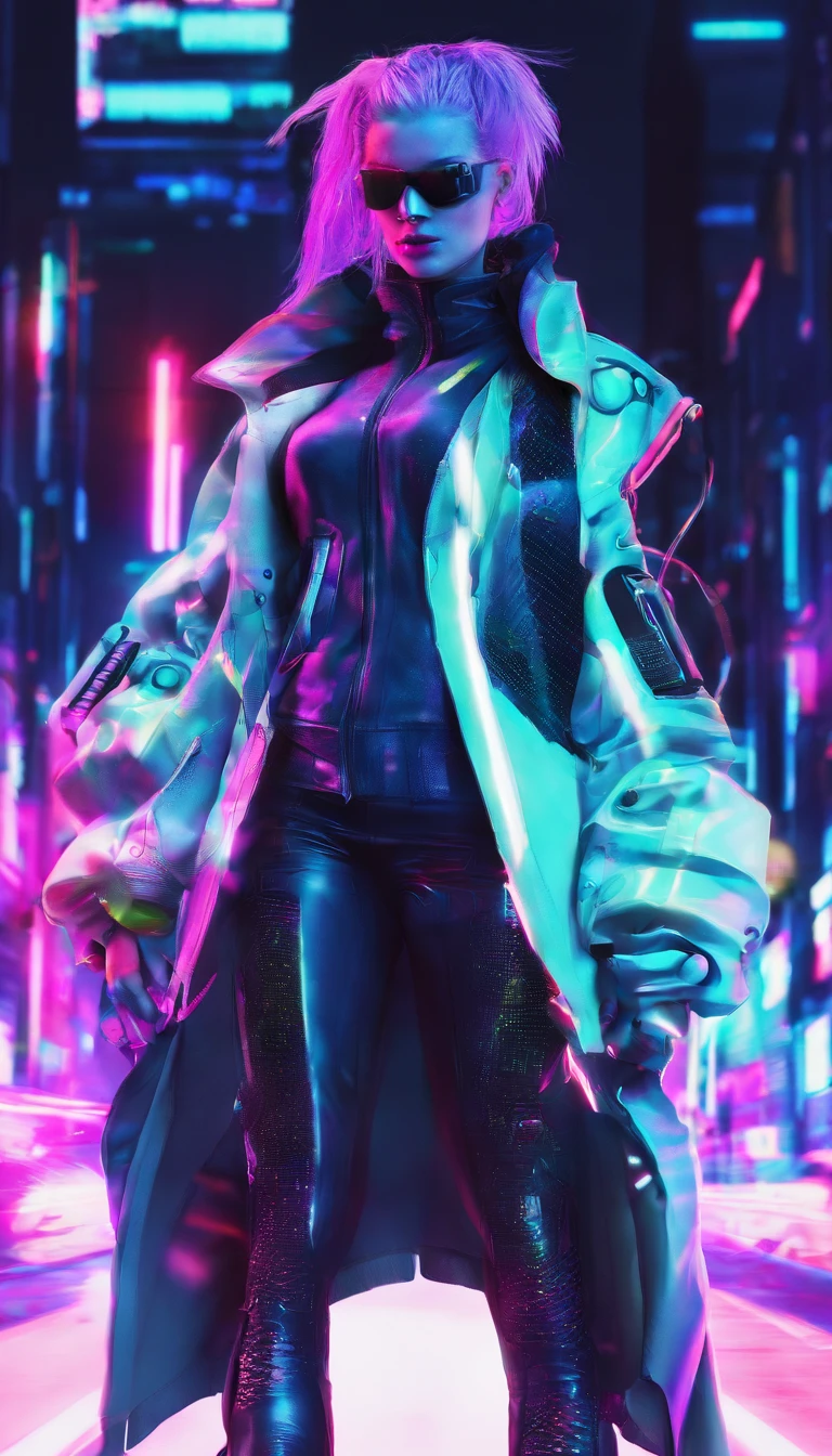 A tall, cool and handsome woman,With a cyberpunk mask,cyberpunk hair,with light glowing,Cyberpunk coat,Cyberpunk cape,Cyberpunk pants,Cyberpunk shoes,Full body cyberpunk set,Full body cyberpunk decorations,Cool handsome,Full body shot from head to toe,Exaggerated body proportions,Ultimate detail。
