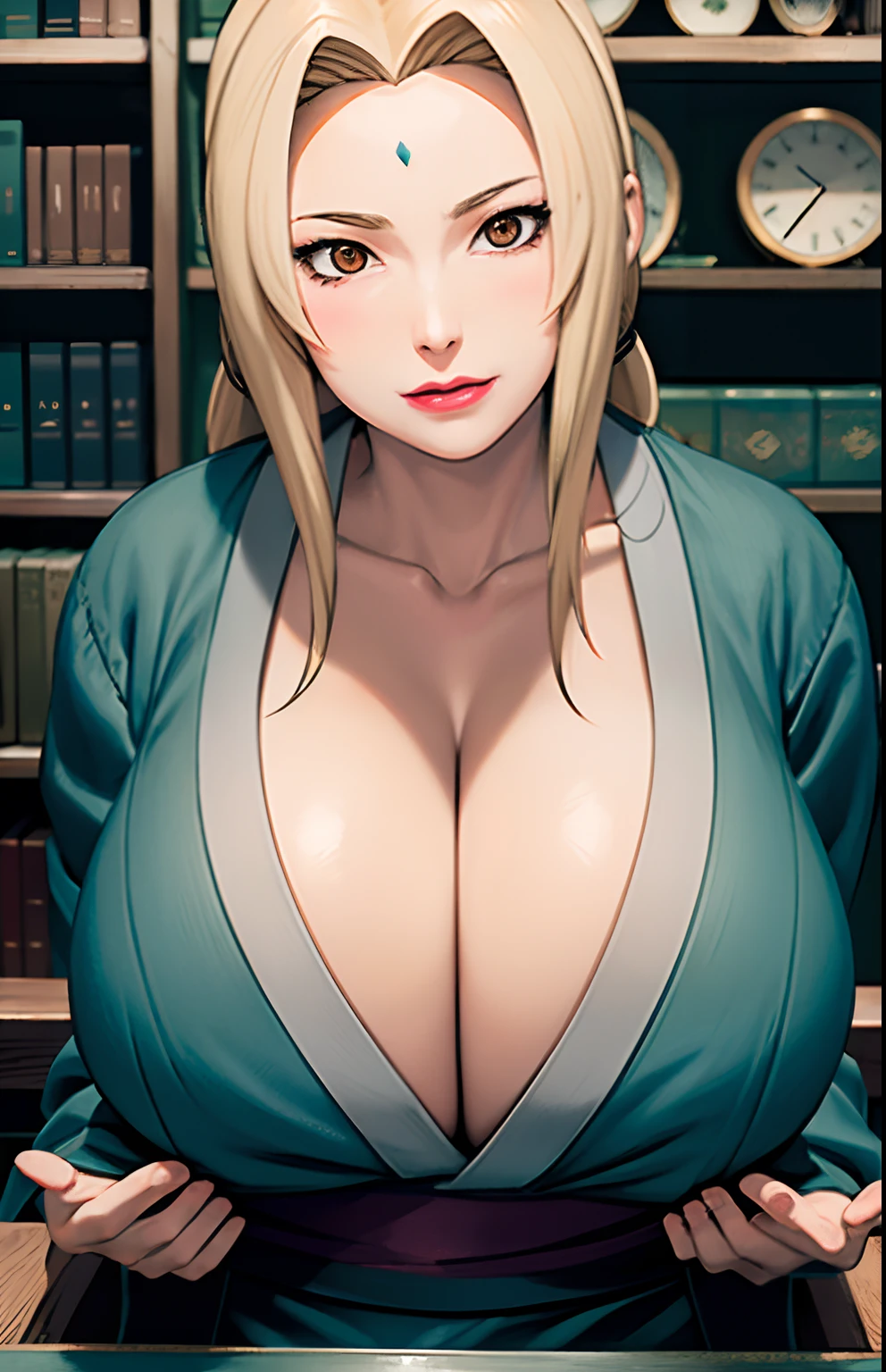 (huge tits), cleavage, good anatomy, masterpiece, best quality, 4k, 8k, professional photography, soft light, sharp focus, 1 girl,  blonde hair, kimono, (mountai), clouds, blonde hair, parted banks, detailed face+brown eyes, closed lips, lipstick, bookshelves, windows,