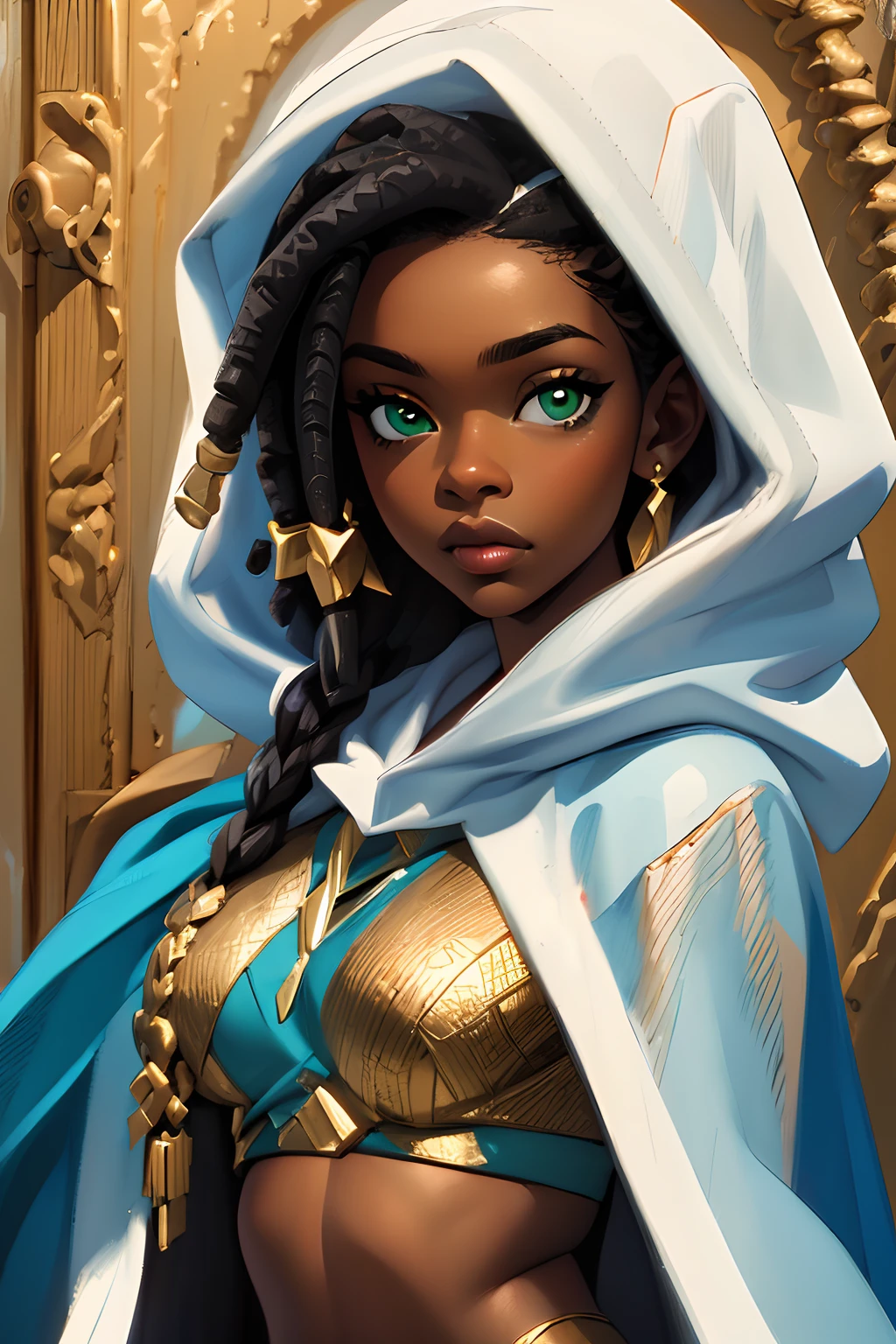 (Best quality, Masterpiece:1.2), Ultra detailed, 1girll, Black skin，negroid，Dirty braids，Green eyes，Gold earrings，White hood，nabel