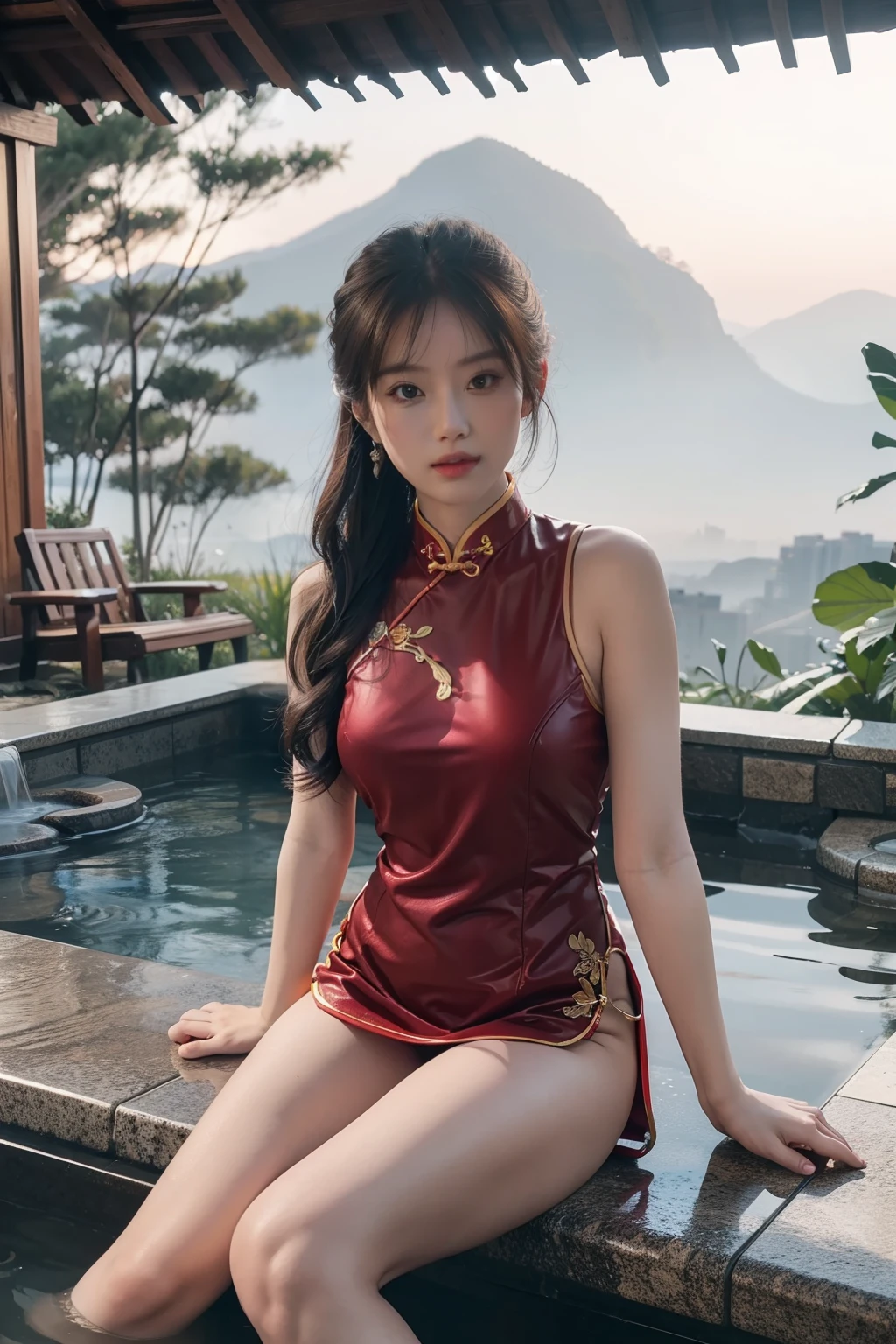 (full bodyesbian:1.5)，(1girll:1.3),(view the viewer:1.4)，(anatomy correct:1.4),(Sitting in the hot spring:1.2),(Wear a cheongsam:1.2),(Accurate and perfect face:1.3),(Long legs:1.3),hyper HD, Ray traching, reflective light， structurally correct, Award-Awarded, High detail, Fade-in and fade-out shadow contrast, Face lighting ，Cinematic lighting, Masterpiece, super detailing, High quality, High detail, Best quality, 16k，High contrast,