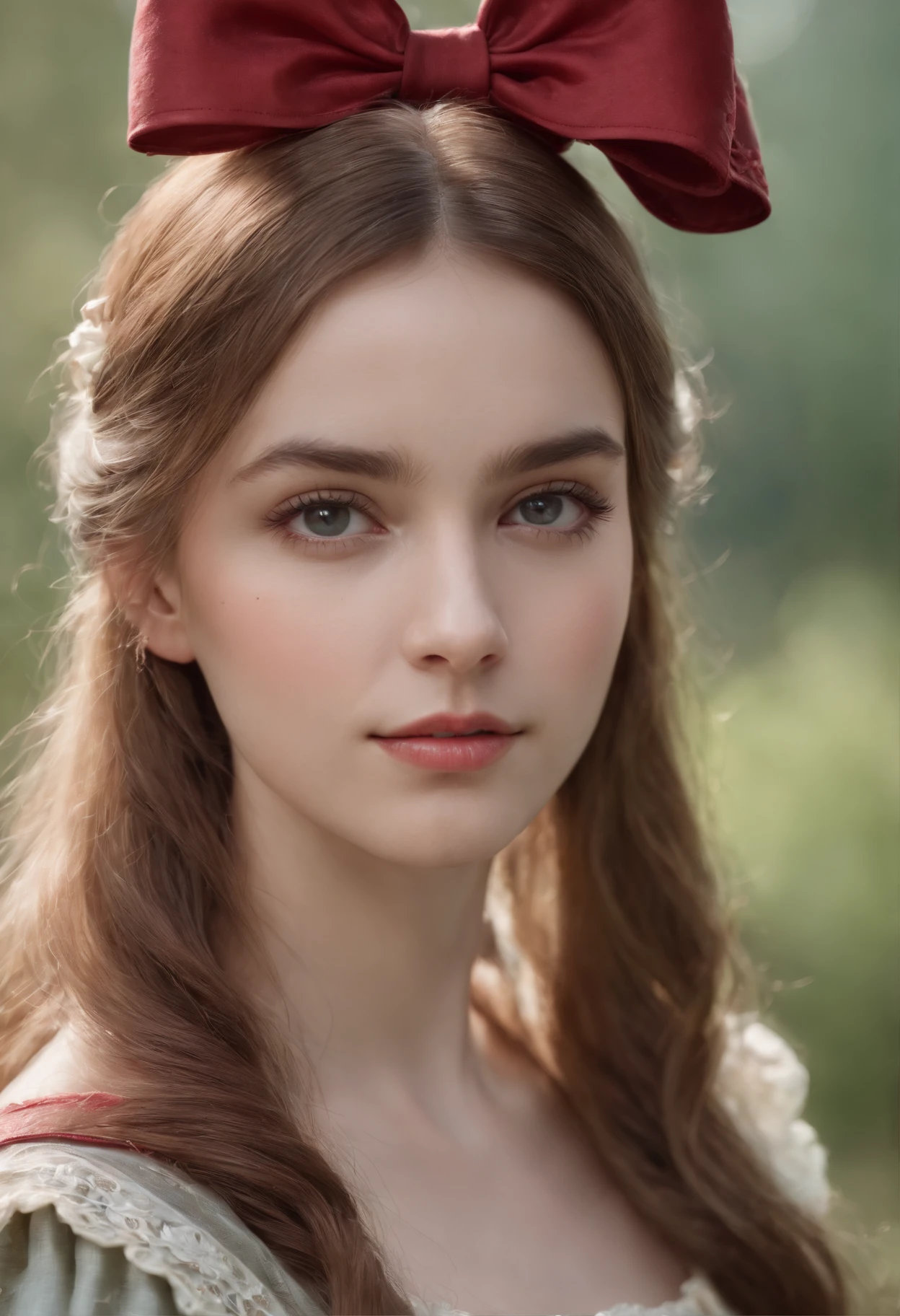 1girl, masterpiece, best quality, 8k, detailed skin texture, detailed cloth texture, beautiful detailed face, intricate details, ultra detailed, Alice in Wonderland, (a bow on her head:1.1), upper body