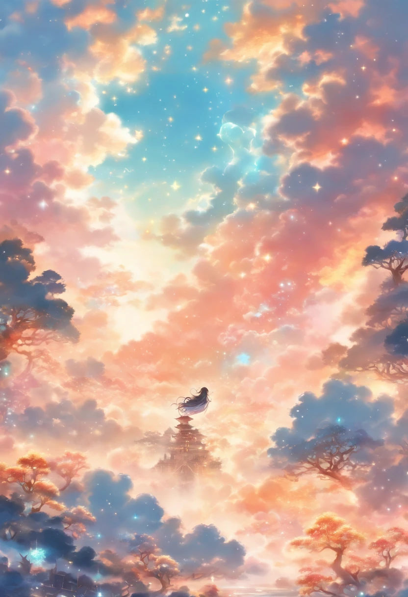(tmasterpiece、top-quality、top-quality、watercolor paiting(curly)、offcial art、aestheticly pleasing:1.2)、(1girl in:1.3)、(Fractal art:1.3)、((komono))、The upper part of the body、From the side Side、looking at viewert、patterns、(Half white, half black hair:1.2)、Eau、liquids、clouds、extremely colorful、starrysky、stone monument、