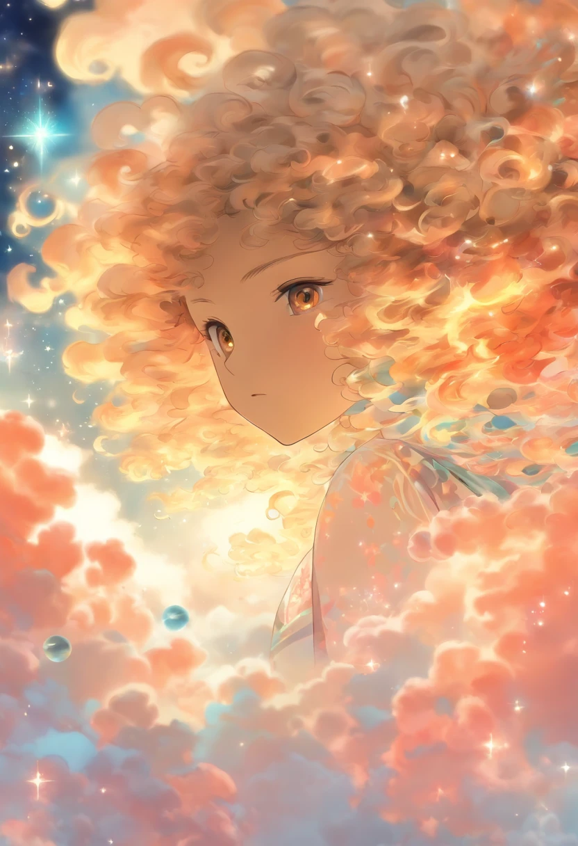 (tmasterpiece、top-quality、top-quality、watercolor paiting(curly)、offcial art、aestheticly pleasing:1.2)、(1girl in:1.3)、(Fractal art:1.3)、((komono))、The upper part of the body、From the side Side、looking at viewert、patterns、(Half white, half black hair:1.2)、Eau、liquids、clouds、extremely colorful、starrysky、stone monument、