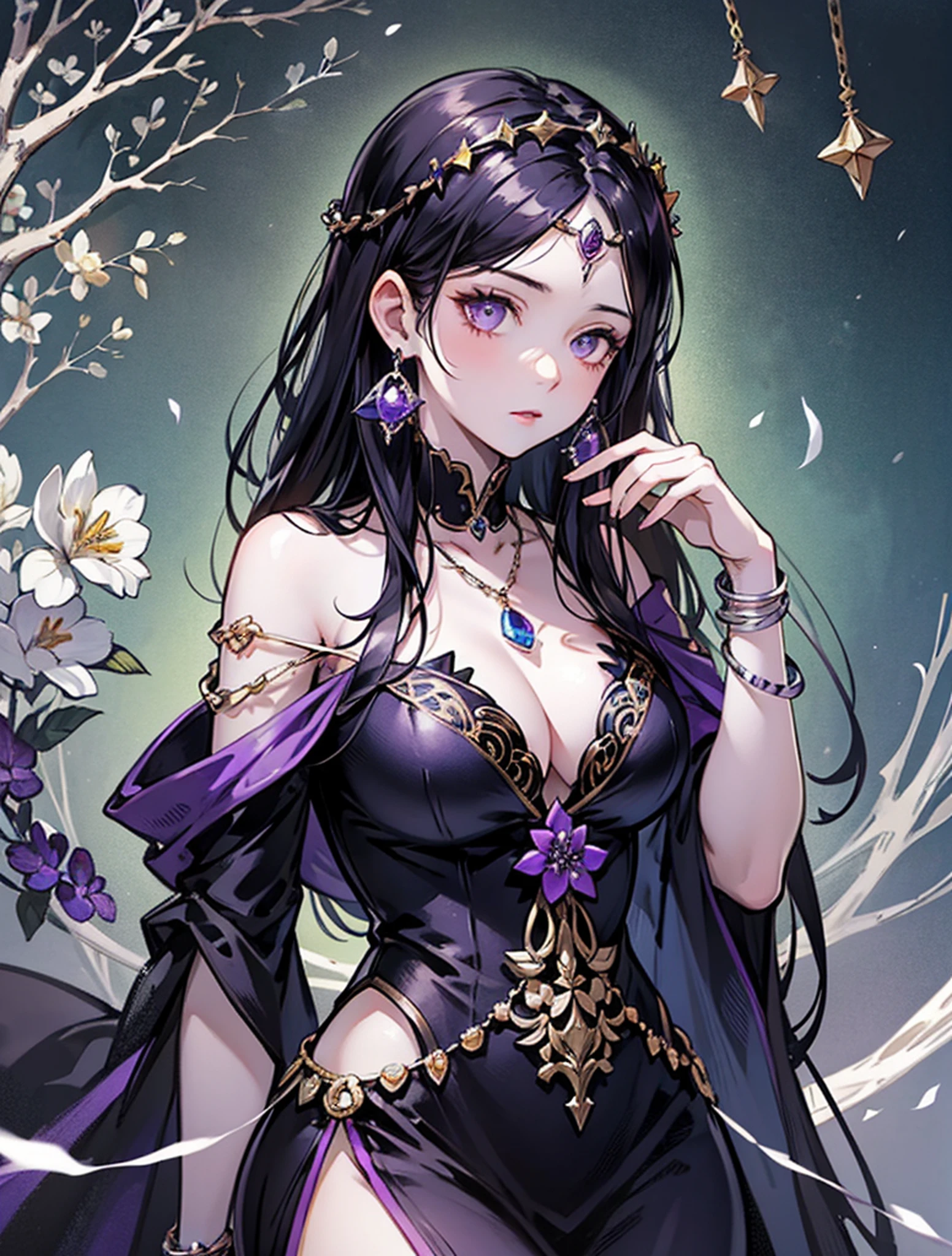 Evelyn is a mysterious figure with flowing, obsidian-black hair that reaches her ankles. Her eyes are a deep, haunting shade of amethyst, and her skin is as pale as moonlight.
Costume: She dons a flowing, long-sleeved gown made of midnight-blue velvet, adorned with silver embroidery depicting intricate cobwebs and ravens. Her attire is accessorized with a silver circlet, a necklace of amethysts, and silver bangles on her wrists. A raven perches on her shoulder as her constant companion.