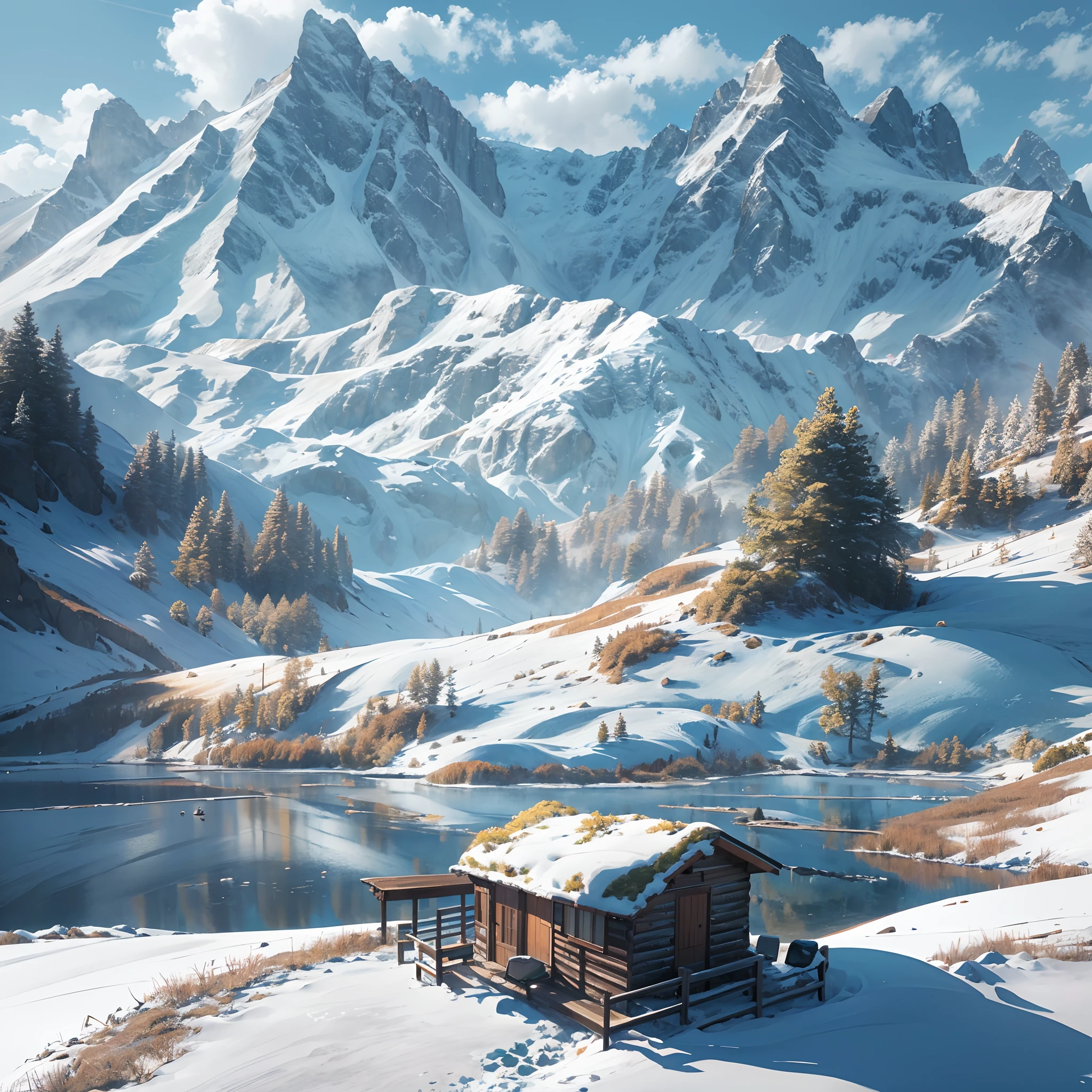 snow mountains,blue-sky,(Ultra-realistic scene 1.3)(Extreme Light and Shadow 1.3)(Aurora Tracking 1.3)Super real,cinematic Film still from,alps,(It covers a vast and tender green savannah1.3),(The proportion of mountains and grasslands is about 1:3)There are people traveling in the distance,The warm sun shines directly on the snow-capped mountains,(Super textured,)Super shadows,Super reflected light,Super real water。(Hunter's cabin 1.3)