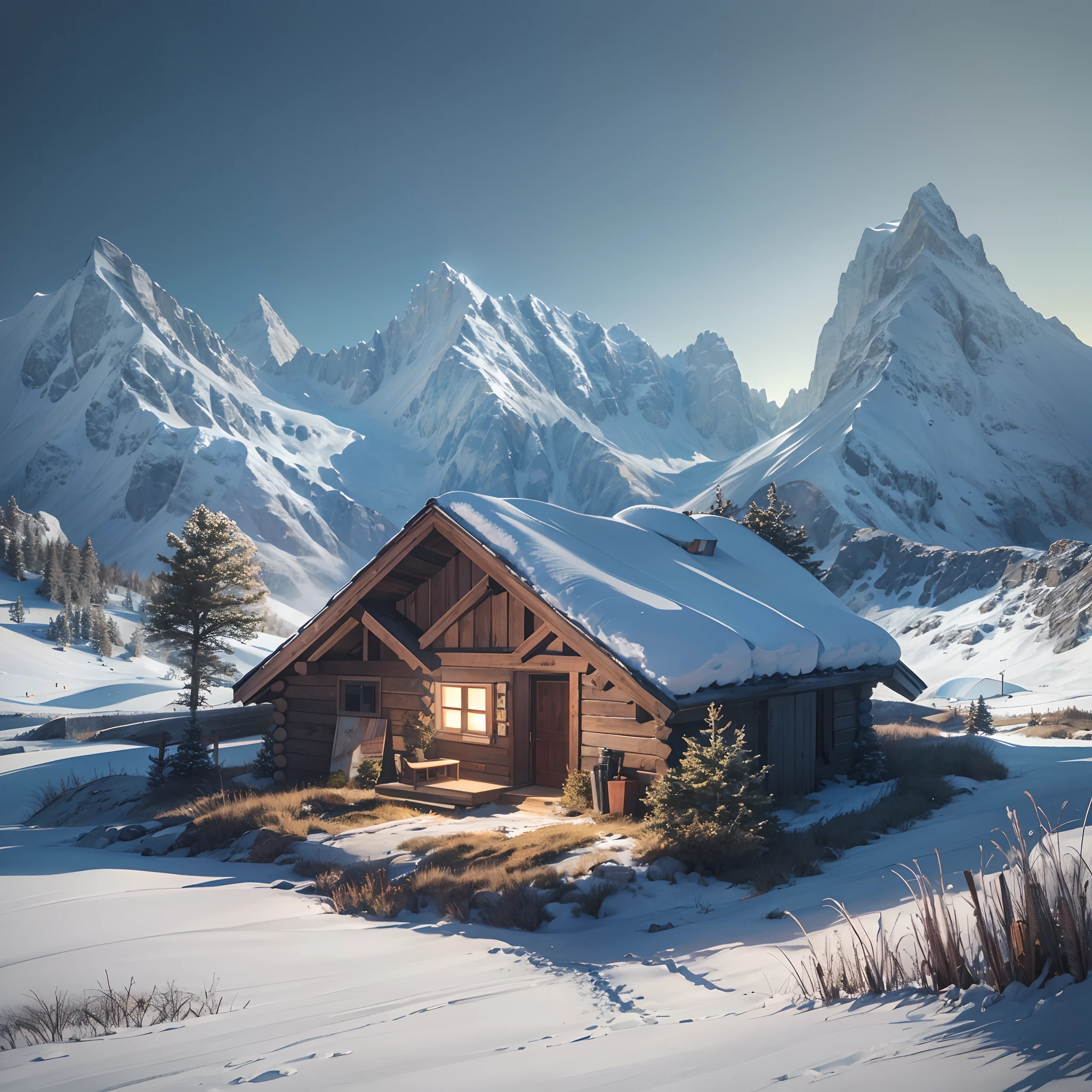 snow mountains，blue-sky，（Ultra-realistic scene 1.3）（Extreme Light and Shadow 1.3）（Aurora Tracking 1.3）Super real，cinematic Film still from，alps，（It covers a vast and tender green savannah1.3），（The proportion of mountains and grasslands is about 1:3）There are people traveling in the distance，The warm sun shines directly on the snow-capped mountains，（Super textured，）Super shadows，Super reflected light，Super real water。（Hunter's cabin 1.3）