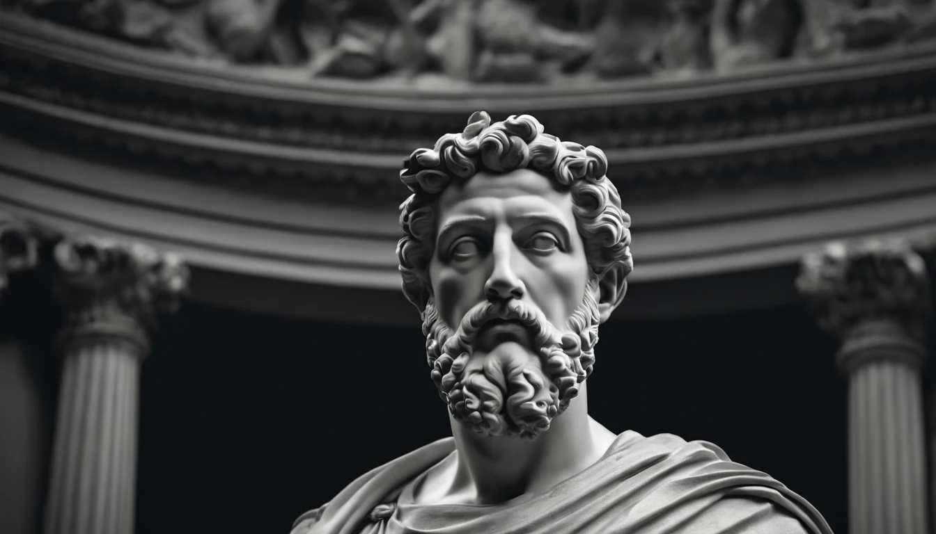 a portrait statue of the stoic Marcus Aurelius in black and white 4K,Face de lado, papel de parede super realista