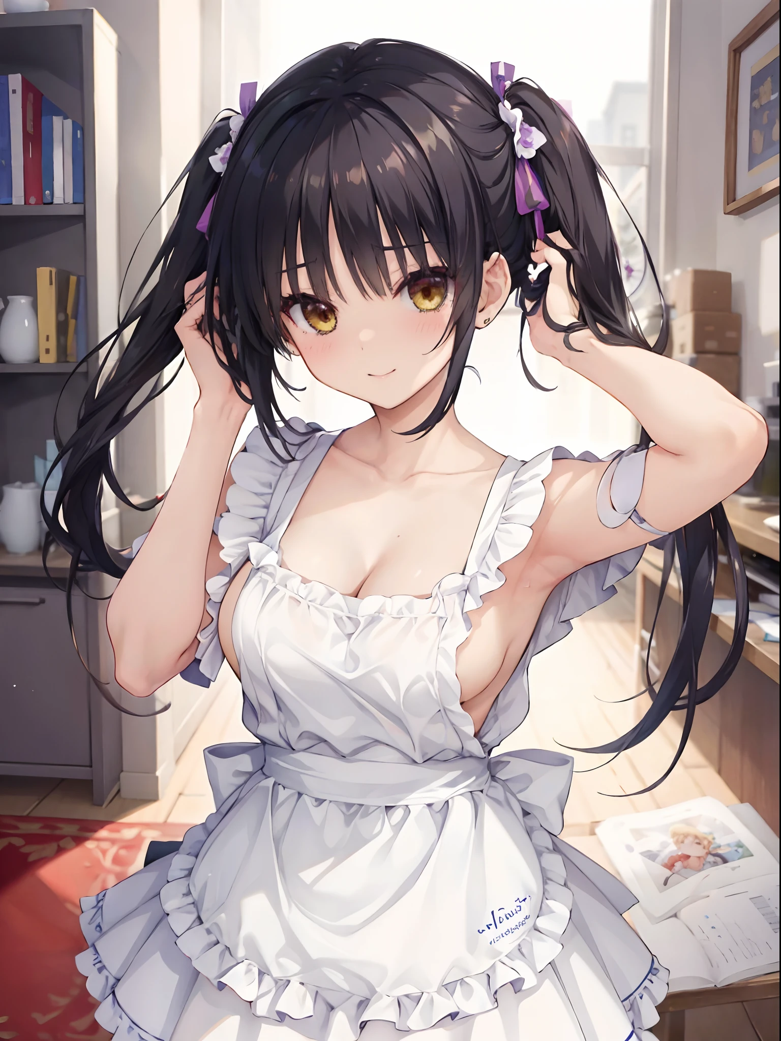 absurderes、high resolusion、(masterpiece)、best qualtiy、(perfect anatomia)、ighly detailed, anime illustrated,
Natsume, Lori, Black hair, Yellow eyes, Big boob,
Looking at Viewer,
(depth of fields)、bokeh dof, (NSFW),
cleavage, Smile, Bare shoulder,
Naked in an apron, Bottomless, kitchin,
(Hold twin tails, holding hair, Twin-tailed:1.2),
pov, from above, upper eyes,