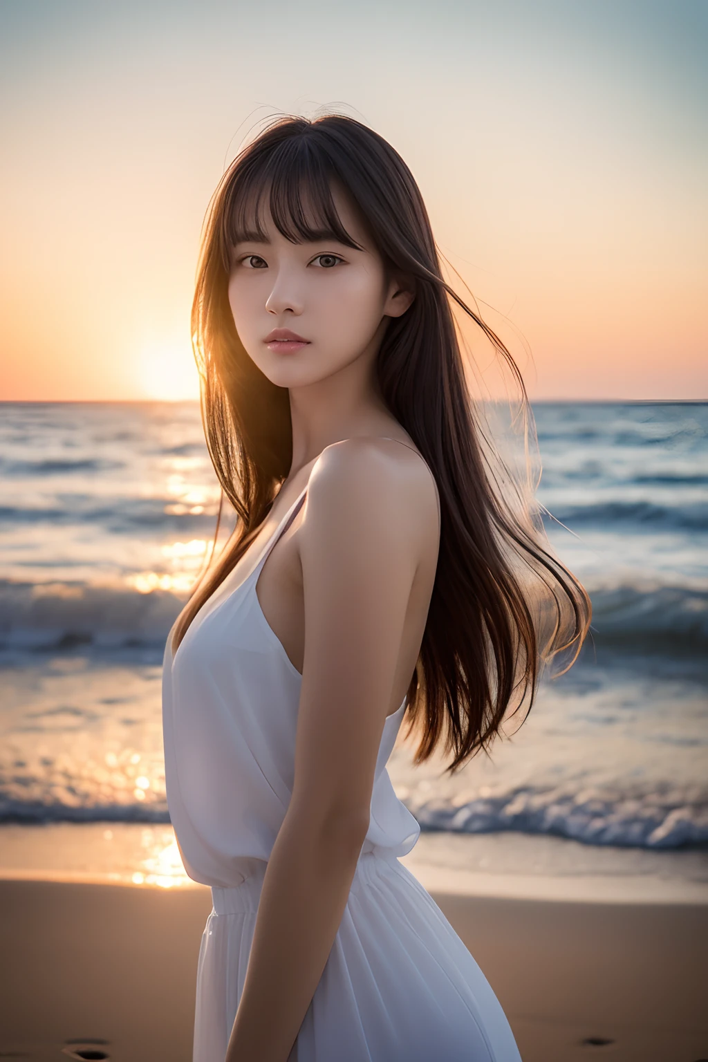 (((​masterpiece))), top-quality, winning artwork, ultra-detailliert, Extremely detailed, Detailed background, llight rays, (Very beautiful woman standing on the beach in the evening), japanes, 20yr old, 乃木坂アイドル, Photo collection of transcendent beautiful girls, Detailed face, Solo, (Full body:1.3), break
longhair, Bangs, (Young face), tall, (Perfect body:1.1), beautiful and long legs, Open plateau, sunset glow, vague, Summer,
in 8K, Wallpaper, amazing, finely detail, Highly detailed ticker Unity 8k wallpaper, Ultra-detailed, 超A high resolution, Extremely detailed, pureerosface_v1, extremely detailed eye and face, Beautiful detailed eyes, highlydetailed skin, No makeup, (Natural Skin),