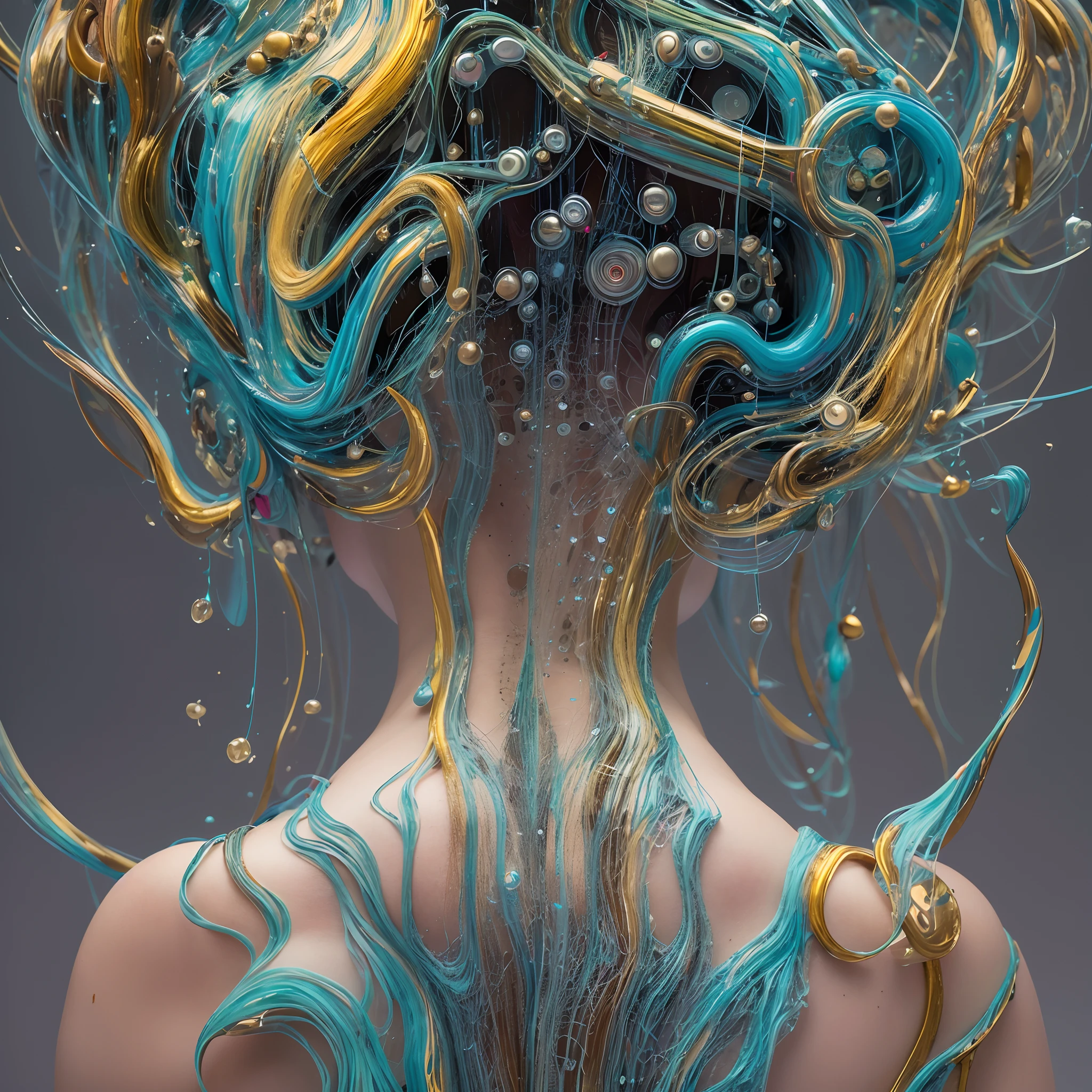 The best creative art of this century. Rainbow-colored slime-like liquid intertwines with a beautiful woman. The back of a beautiful woman connected to complicated equipment. In the background is a cutting-edge technology capsule. AI beauty cultivation program in a capsule. Shooting from random angles. Beautiful one shot. Photorealistic highest quality, masterpiece, super high resolution. Ultra-realistic details, 16K.