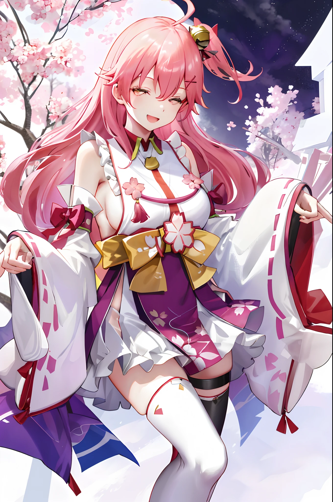 masterpiece, best quality, highres, miko1, sakura_miko, 1girl, green eyes, solo, ahoge, x_hair_ornament, pink_hair, floral print, hairclip,side_less_clothes, (sideboobs:1.4), hair_bell, floral print, long_hair, hair between eyes, one side up, white thighhighs, asymmetrical legwear, wide sleeves, open_mouth,happy,close_eyes, smile,dynamic_posing,rising_leg,plump,apart_legs,(overly_long_sleeves:1.1),(beautiful_fingers),sleeves_past_wrists,hands_hidden_sleeves
