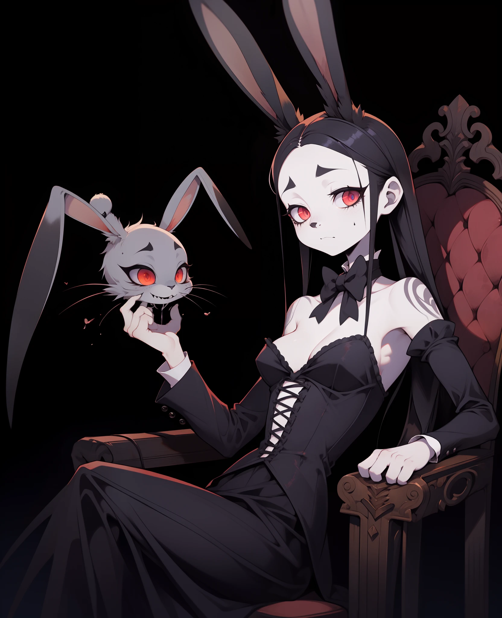 A rabbit in a top hat sits on a chair, in the style of nightmarish creatures. In the style of Adrian Ghenie, Esao Andrews, Jenny Saville, Edward Hopper, surrealism, Dark Art by James Jean, Takato Yamamoto, Inkpunk minimalism. In Tim Burton style. Addams Family style. In the Corpse Bride style.