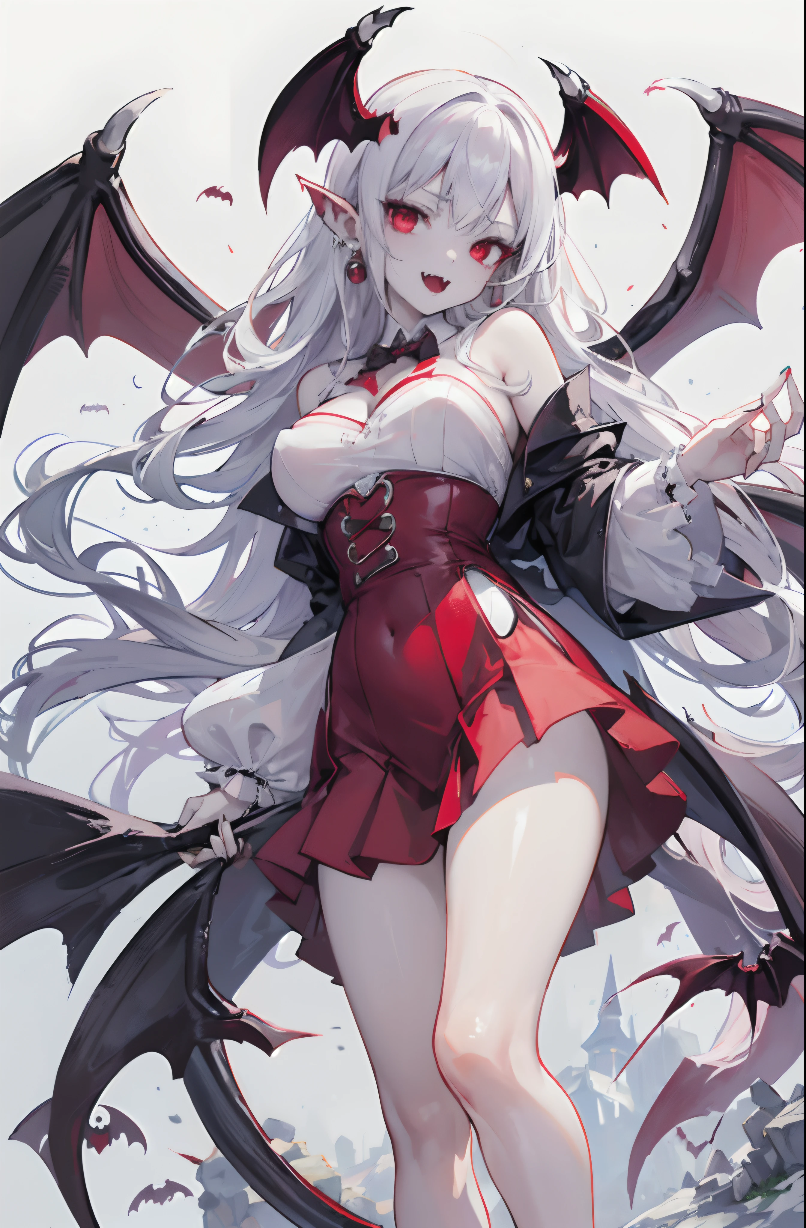 Girl, vampire, short white hair, red eyes, big breasts, exposed belly, short pants, hat, vampire teeth 