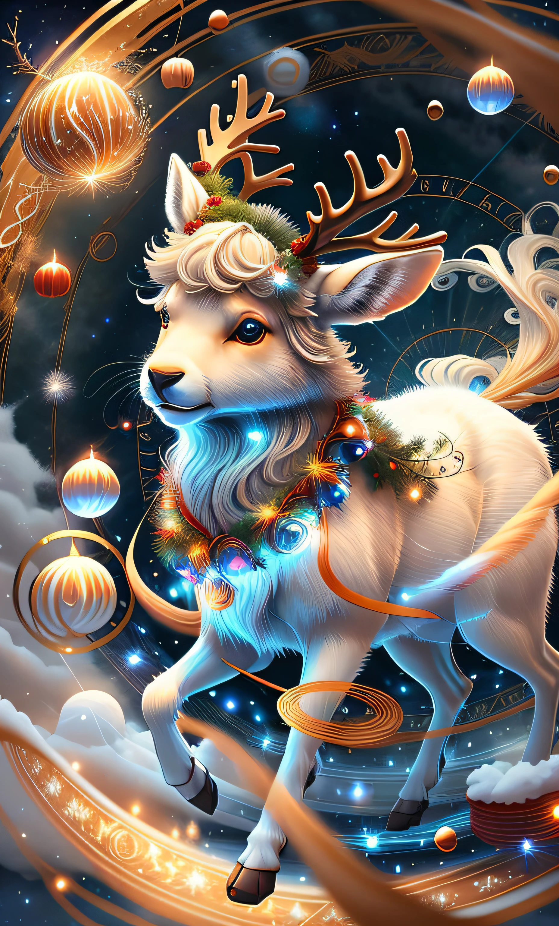 (a painting of a reindeer in the middle of a swirling circle: 1.4), (reindeer: 1.4) spinning magical energy, guiding spinning energy, gently rotating magic energy, cosmic energy lines, rotating energy flow, vortex energy, beautiful cosmic neural network, in the starlight plane))), rotating natural magic, emanating and flowing energy, vortex energy