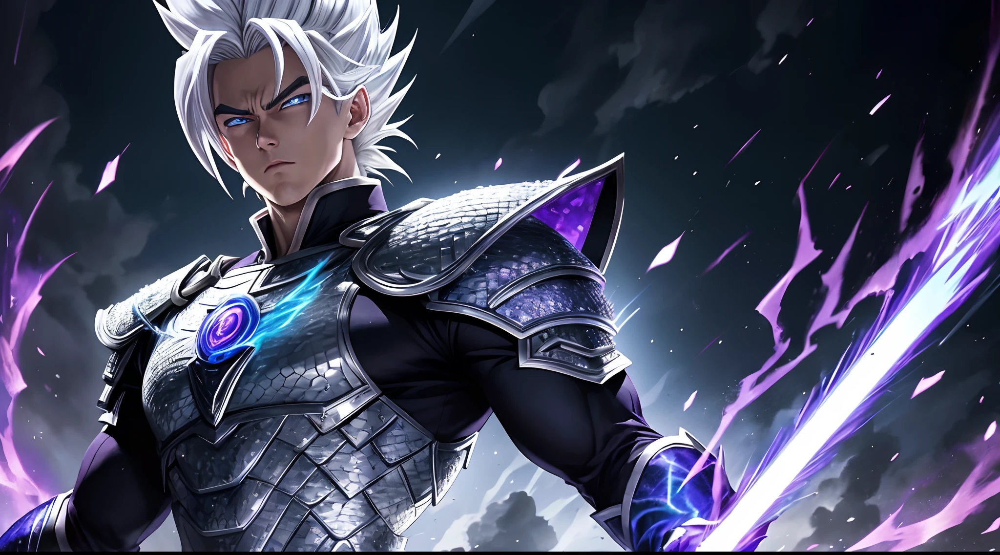 "A brave and handsome Gohan stood straight, his white hair reflecting the bright light, his blue eyes glowing. His handsome face exuded a cold, determined expression as he wore full body armor made of dragon scales, shimmering with the colors of hellfire and purple. black lightning."