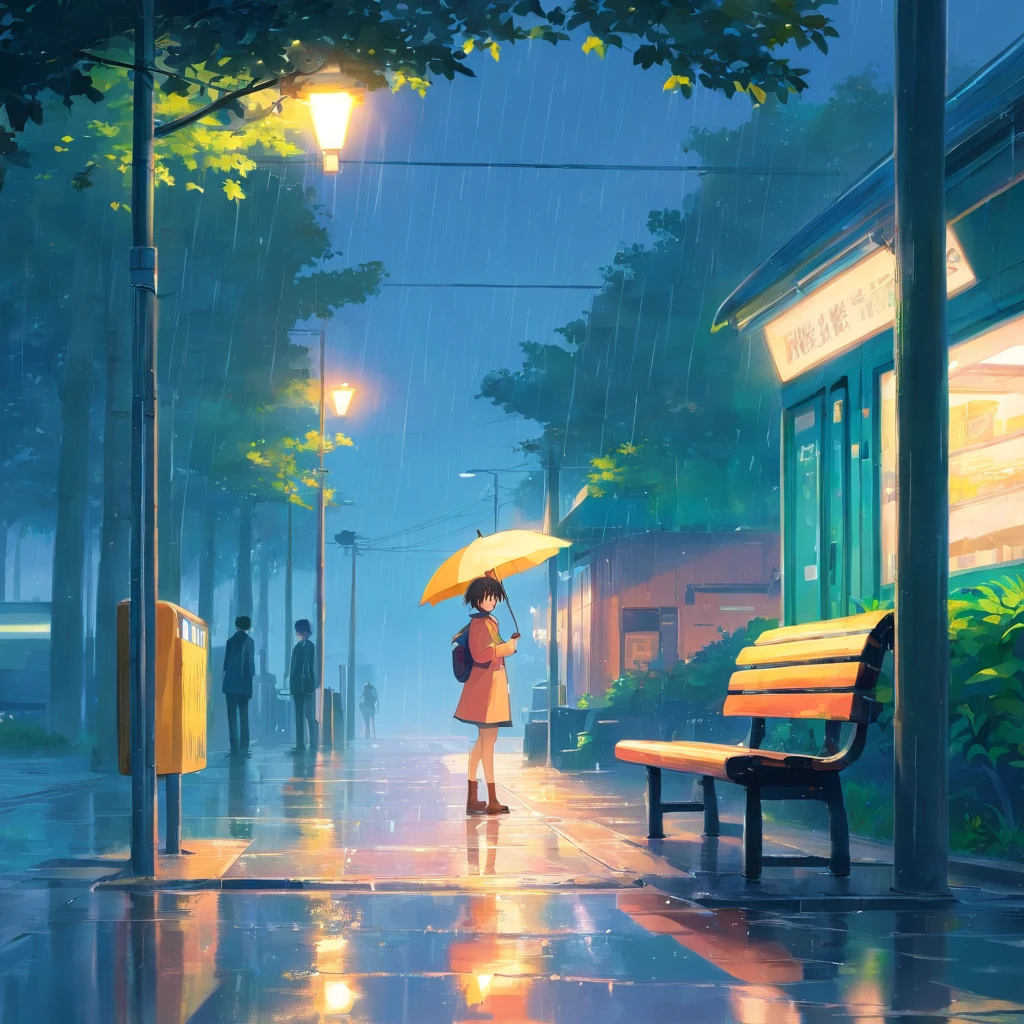 tmasterpiece,best qualtiy,Comic LO,Little girl hiding in the rain at a bus stop,Bench umbrella,after rain,brightened,cheerfulness,Warm and soft lighting,the woods,