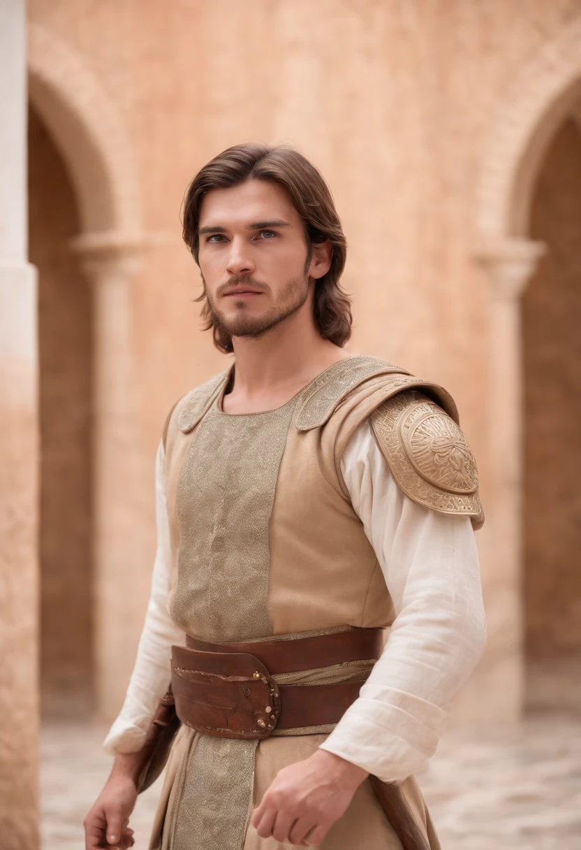 strong, A young man with white brown hair, a slight beard and a full body dressed as a warrior standing in the palaces of Andalusia looking straight forward