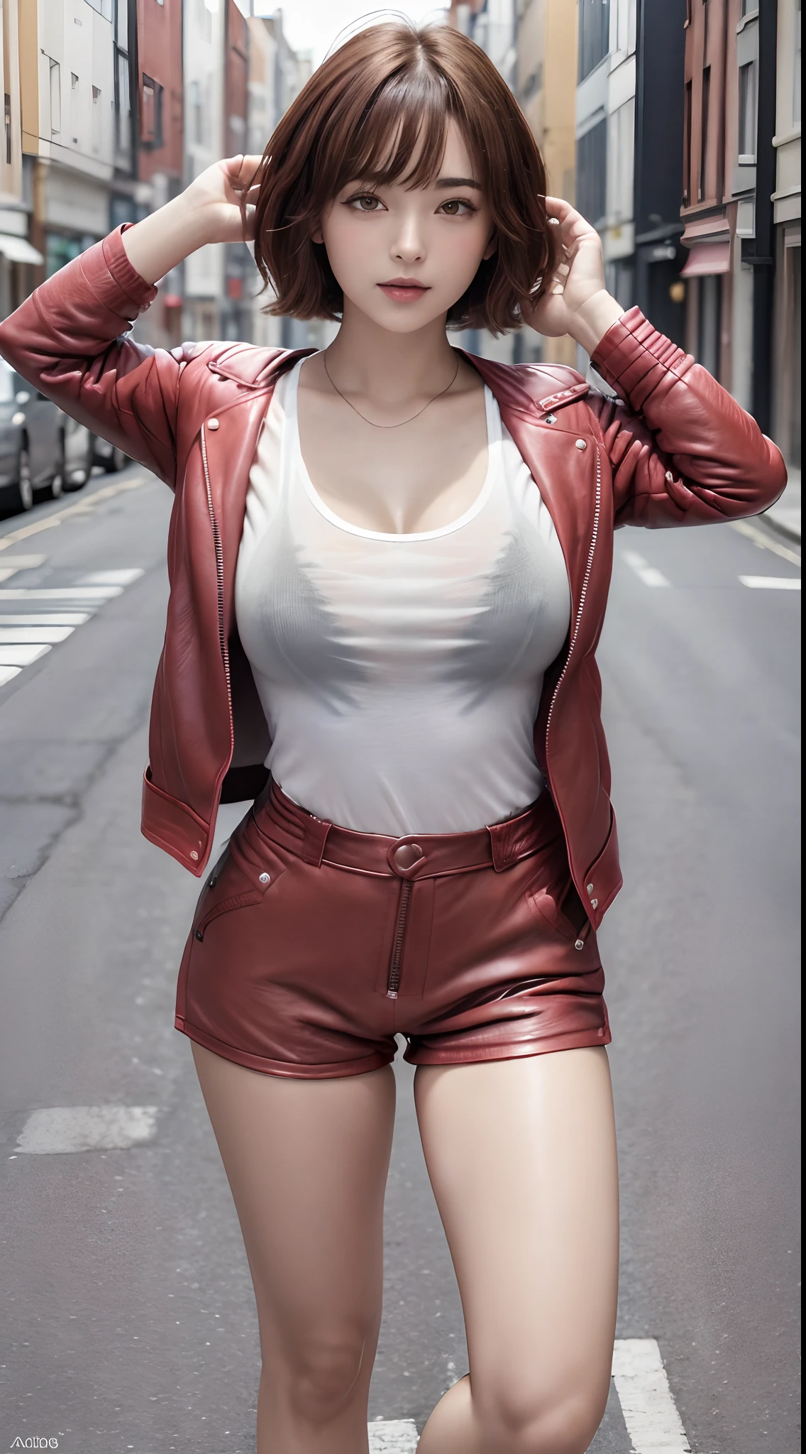 (8K, 超A high resolution, Best Quality, masutepiece:1.2),(18year old:1.2)、(Look away)、8K、RAW portrait of japanese girl、Photorealsitic、超A high resolution、top-quality、 (quite massive chest、cleavage of the breast:1.2)(See-through white t-shirt、See-through shorts、Wearing a bright red leather jacket:1.4)、(in a street:1.2) BREAK (Natural Skin Texture、Detailed skin、Hyper-Realism、ultra sharpness)、Putting out the navel、intricate detailes、depth of fields、Show the armpits、(Brown-haired short-haired、White sneakers:1.2)(Open your legs wide to the sides、bend knee:1.2)