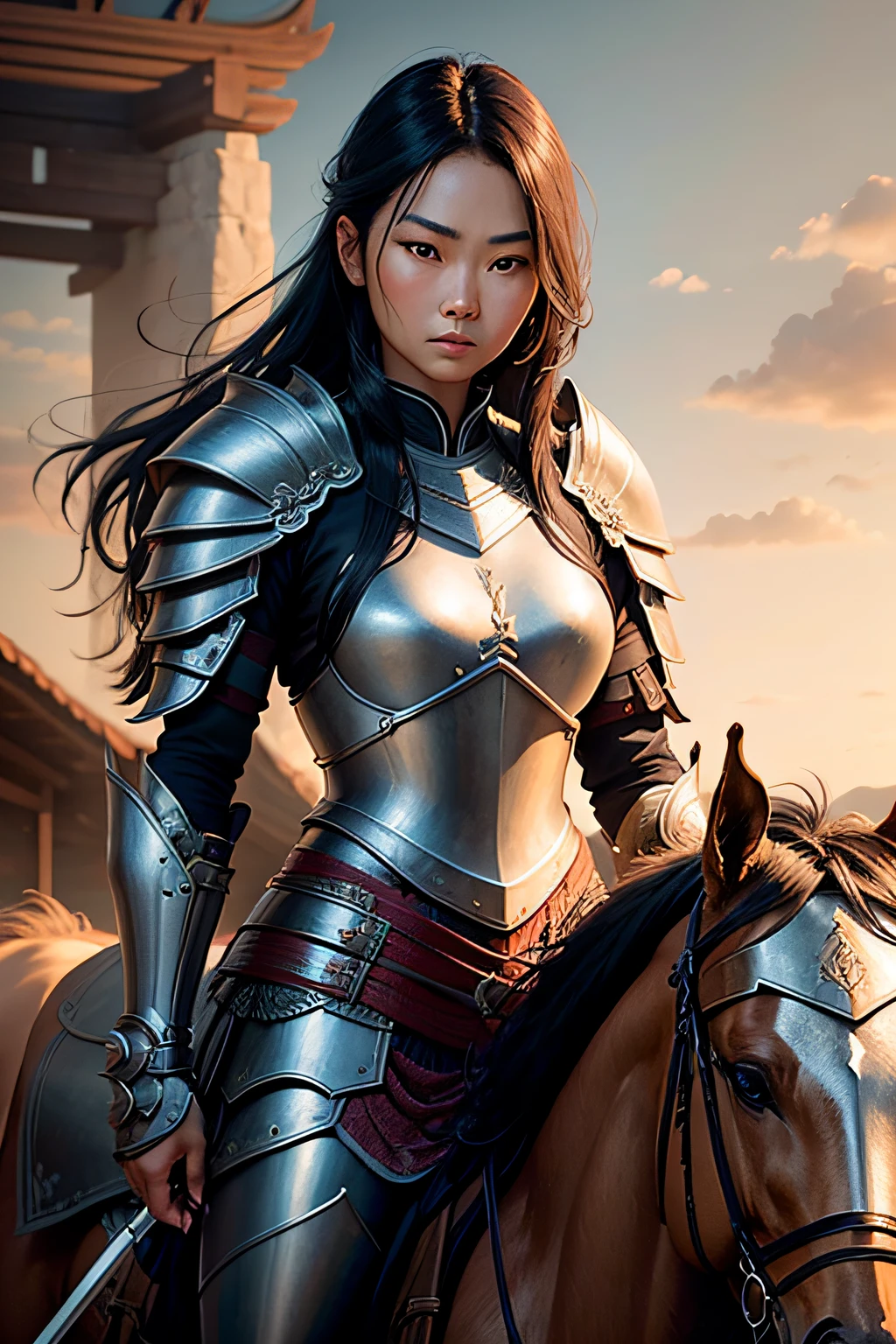 Face of an Asian warrior woman with armor and a sword in her hand, a horse in the background