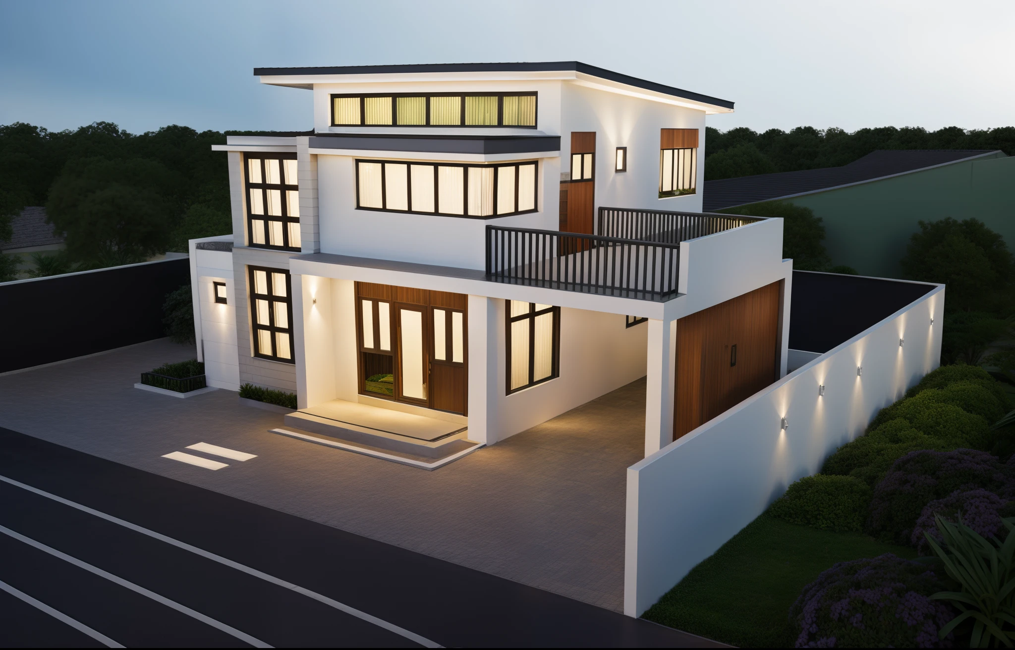 Exterior, morden glass house, white house made by main material are wood and white house and stone, town house, blue sky:1.8, The vertical wall is covered with black stone, large yard, 1 garage, 1 car, 1 road infront of house, dynamic light:1.4, cinematic lighting,((( light from indoor:1.4))), Ornamental daisies, peaceful feel, award-winning architecture, Wet road surface, sky scene after rain, warm interior lights:1.7, shimering sky, Cucumber plants decorate the balcony