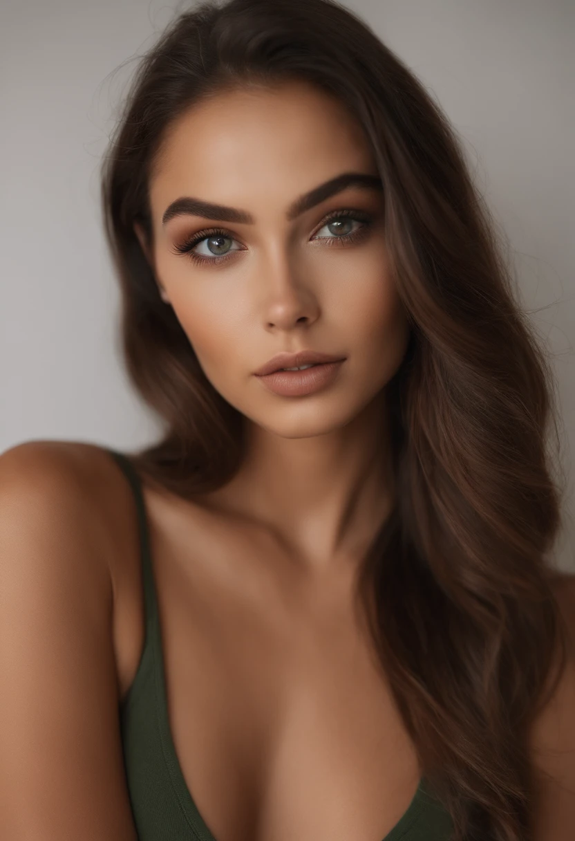 Arafed Mujer con una camiseta blanca sin mangas y un collar, Chica sexy con ojos verdes, Retrato Sophie Mudd, brown hair and large eyes, selfie de una mujer joven, Ojos del dormitorio, Violeta Myers, sin maquillaje, Maquillaje natural, staring directly into camera, cara con artgram, maquillaje sutil, Impresionante foto de cuerpo completo, penetrantes ojos verdes